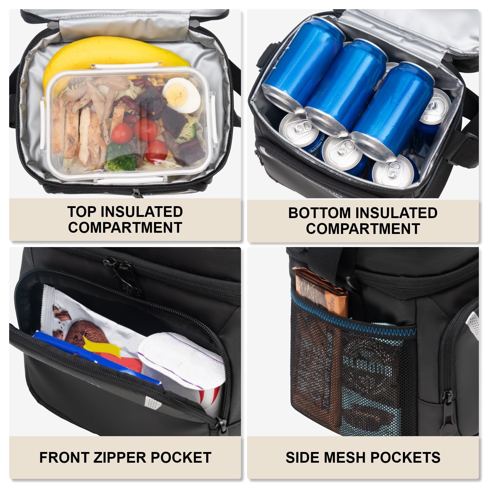 EVERFUN Borsa termica per il pranzo, morbida, da uomo, a doppio scomparto, piccola, pieghevole, impermeabile, a prova di perdite, per lavoro, colore nero