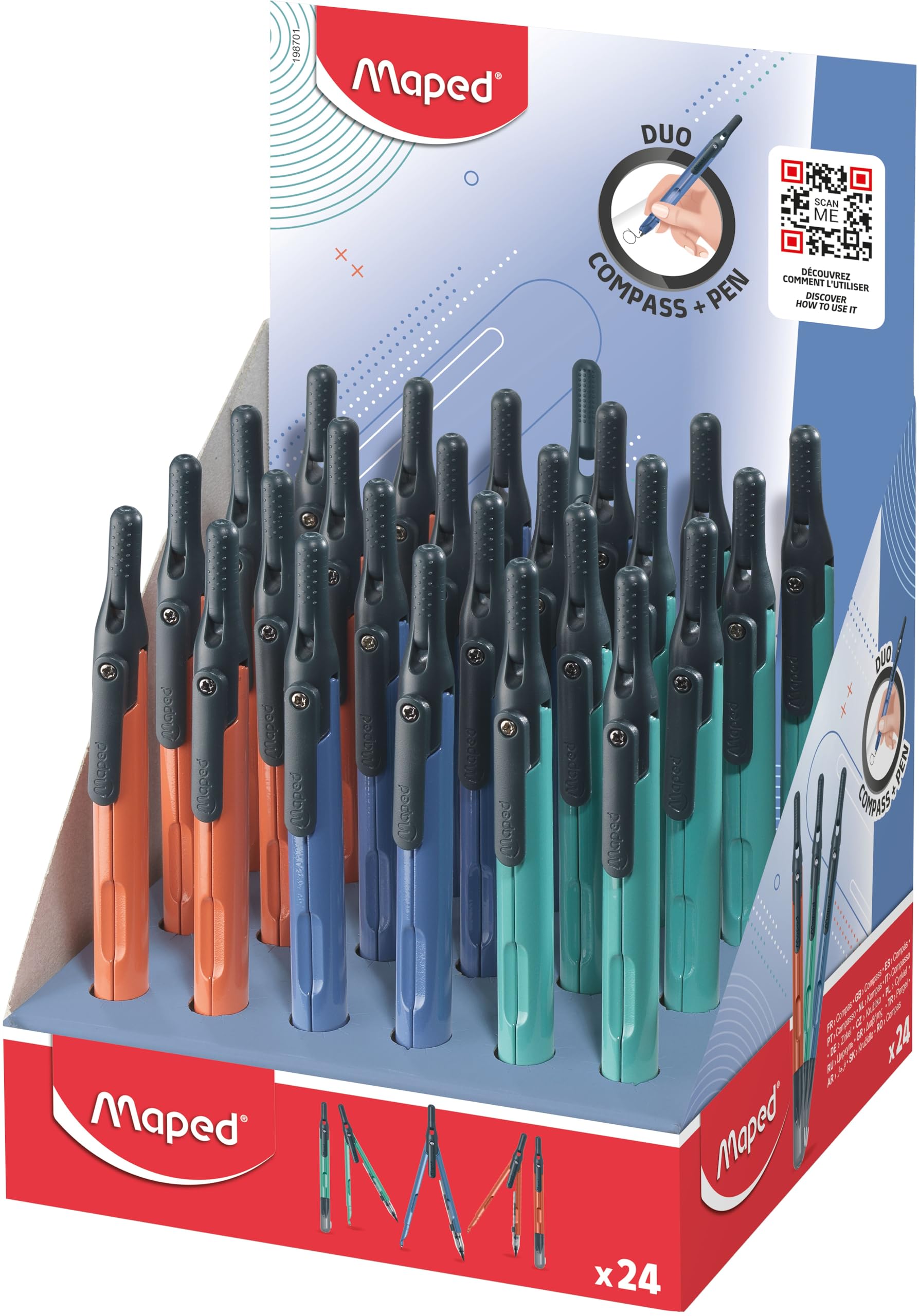 Maped - Display Bancone 24 Bussola Matita con Miniera Automatica - Design Ergonomico - Cappuccio Protettivo - Fornitura Scuola Sicuro - 3 Colori
