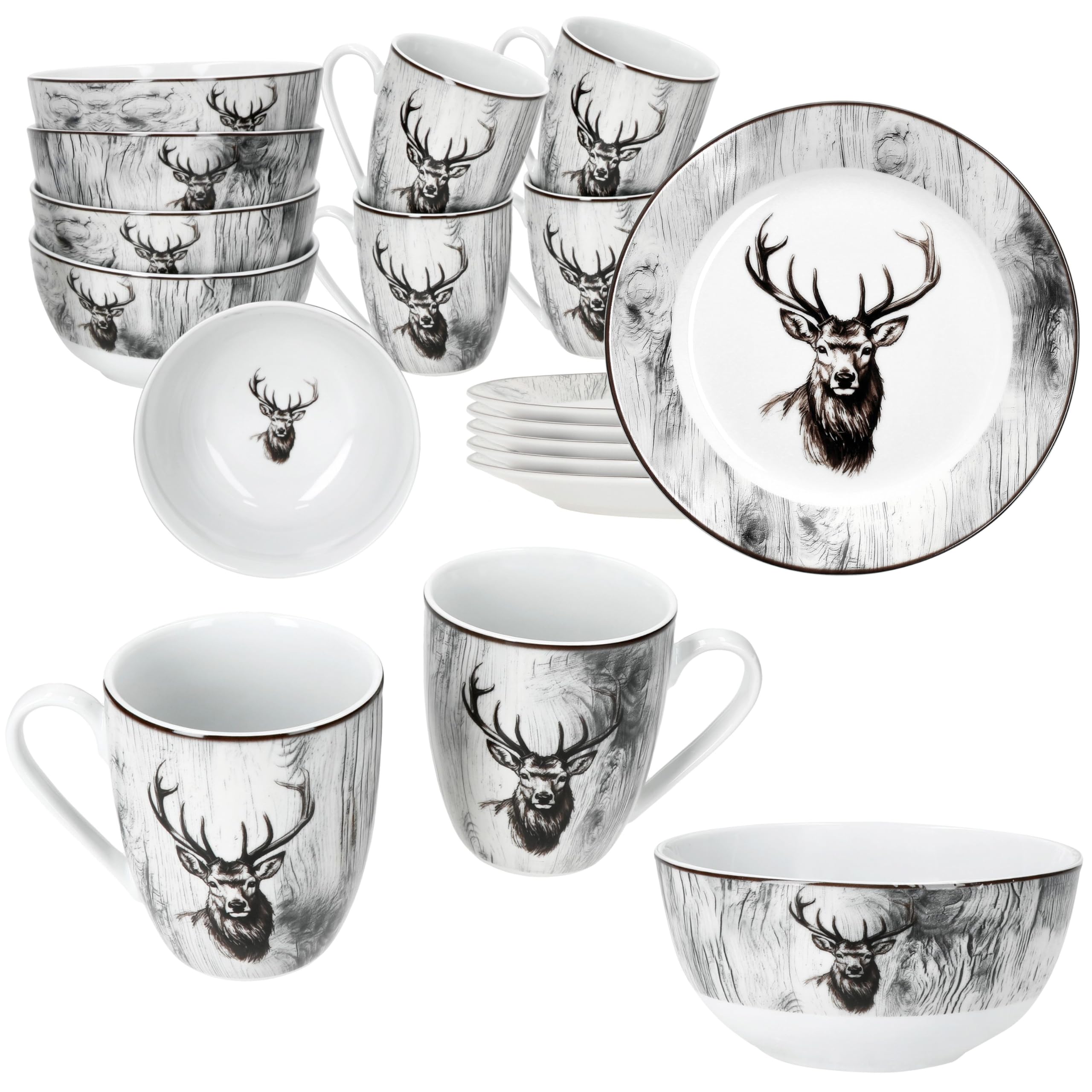 MamboCat Alois 18tlg Frühstücksset I je 6x Frühstücksteller, Müslischalen & Kaffeebecher aus Porzellan I 6 Personen I Holz-Optik & Hirschmotiv in Schwarz-Weiß I für Frühstück & Kaffee