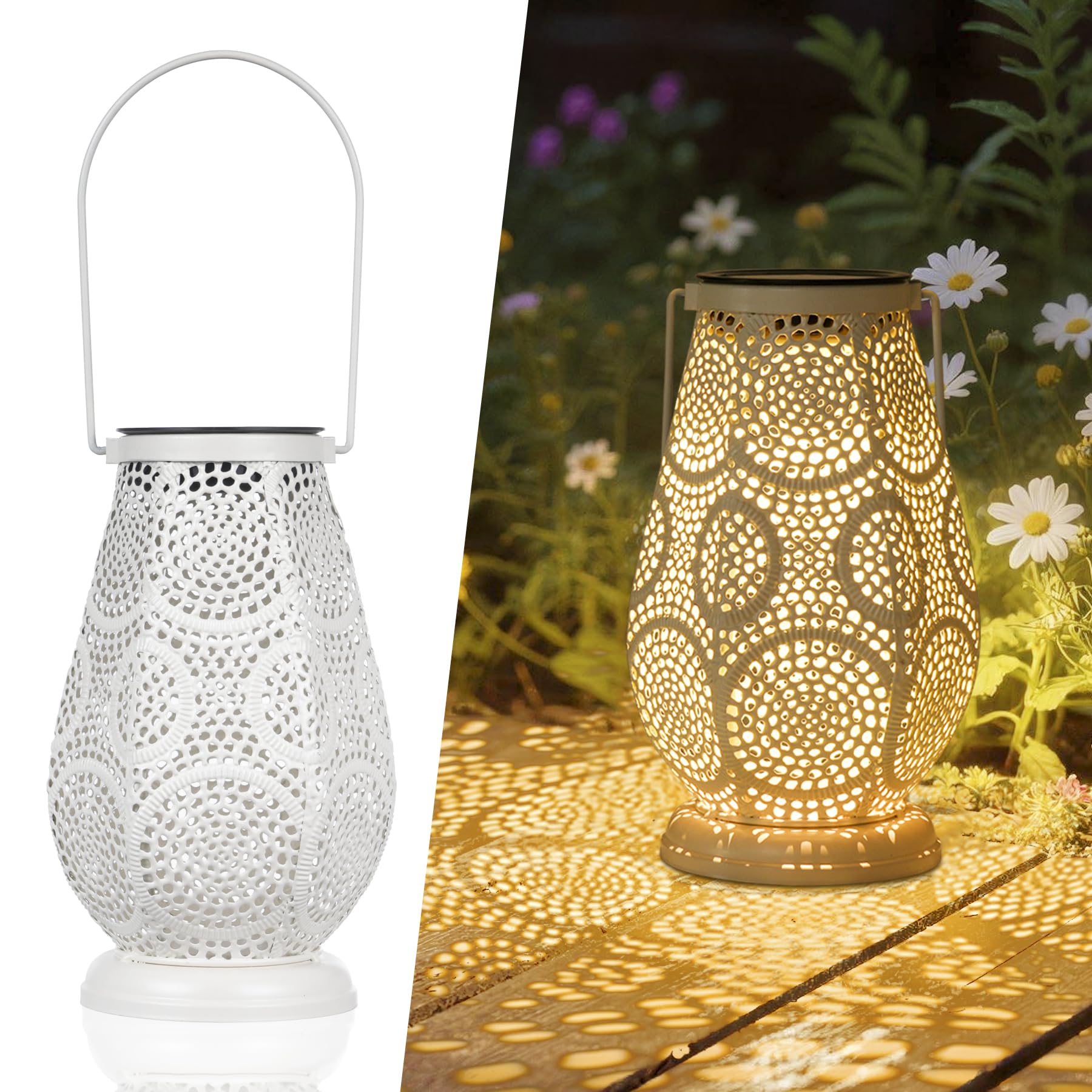 JOYCREATOR Solarlaterne für Außen, Metall Solarlampen für Außen 15LM mit Haken, LED Solar Laterne Outdoor IP65 Wetterfest, Vintage Deko Garten Balkon Terrasse Wand Tisch Gartengeschenke (Weiß/Klein)