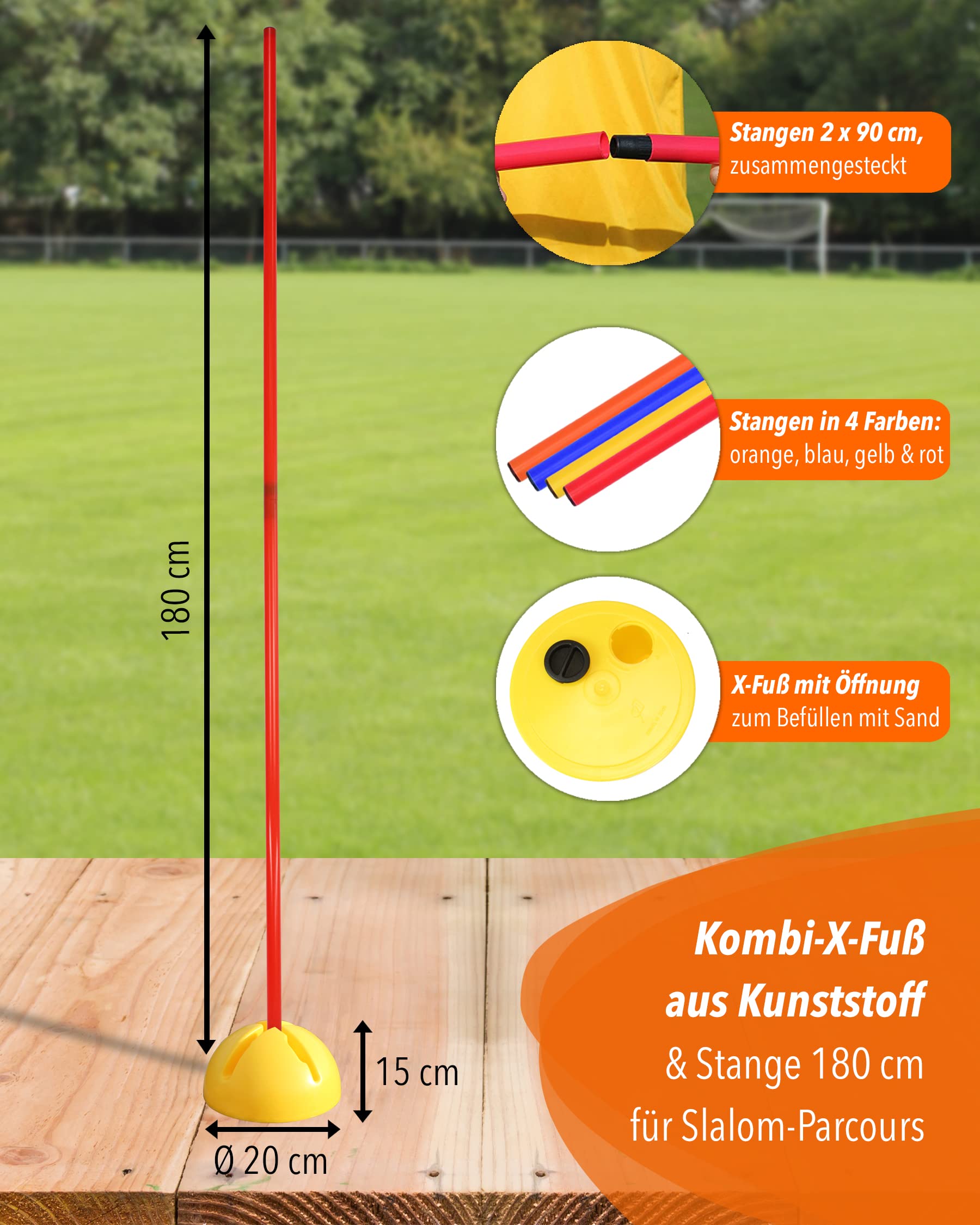 Supporto combinato X in plastica & asta slalom 180 cm – Set di 4 pezzi – Base riempibile – Asta per slalom & allenamento coordinazione – per calcio & sport cani – Slalom Set