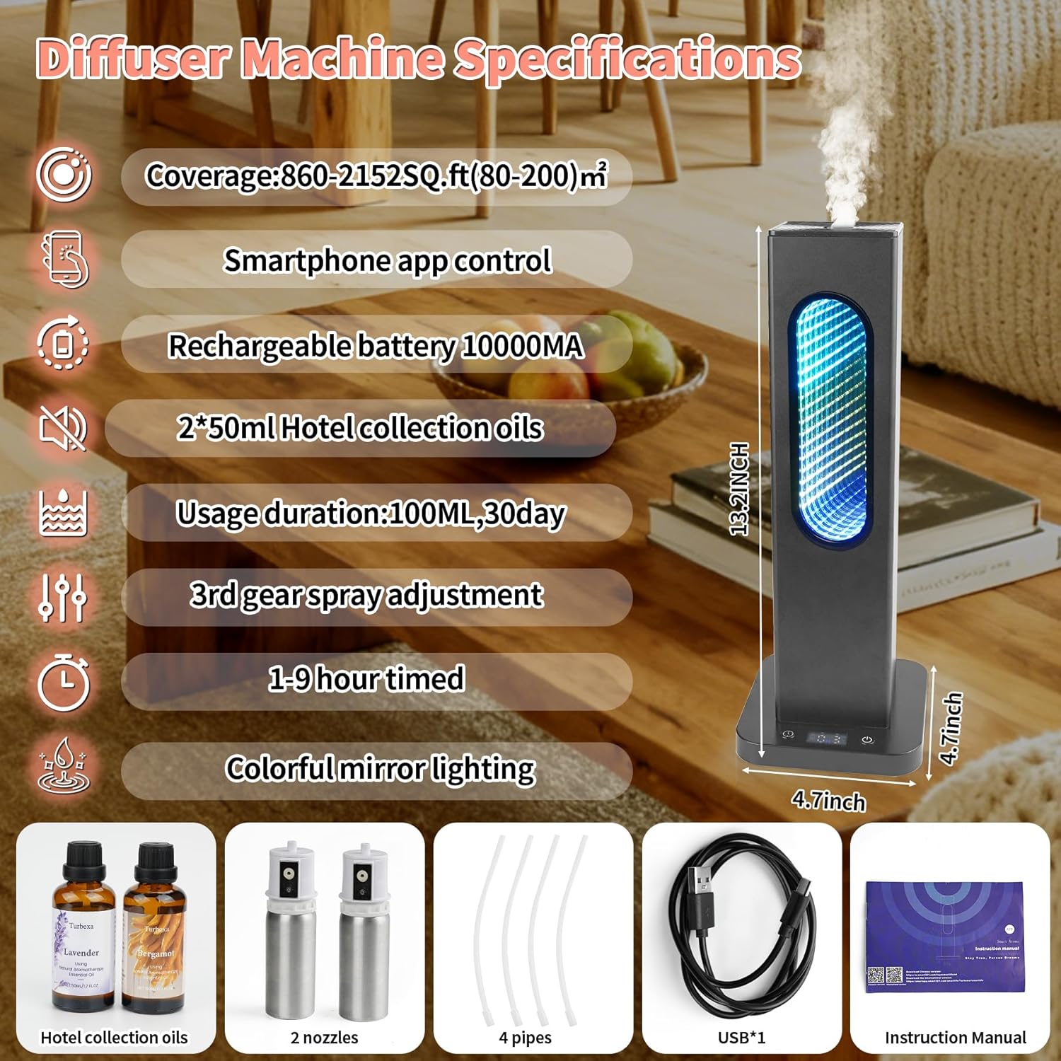 Waterless Diffusers for Home,Large Room with APP WiFi Control,Essential Oil Scent Diffuser Covers 2512 Sq Ft,Protable Rehargeable Diffuser 10000mA,Includ Bergaomt,Lavender Oils(Black) - Image 7
