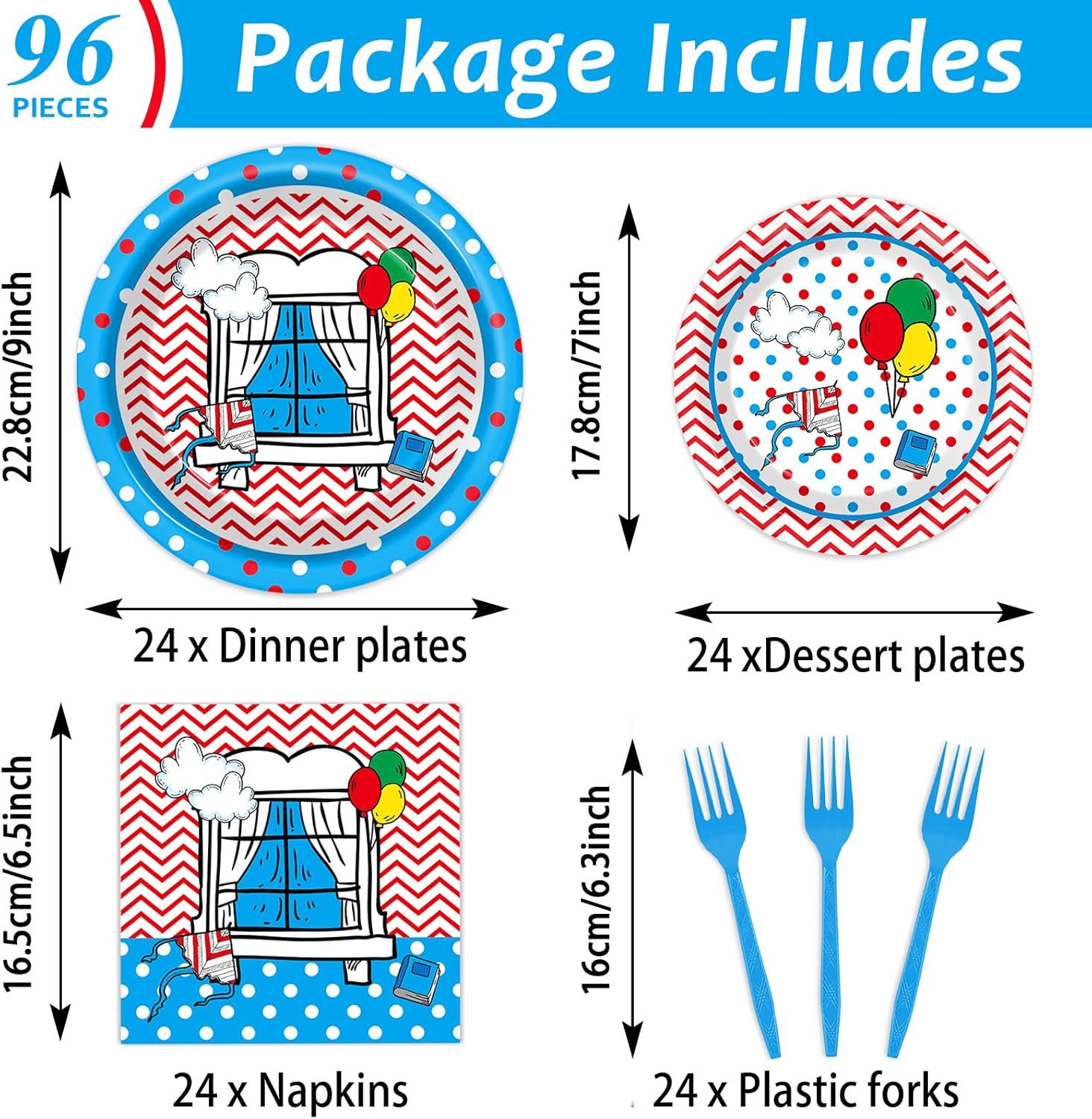 96Pcs Cat with Hat Birthday Party Supplies Cartoon Dr. Cat Birthday Paper Plates and Napkins Red and Blue Stripes Disposable Tableware Dinnerware Set Cats Themed Party Decorations for Kids Baby Shower