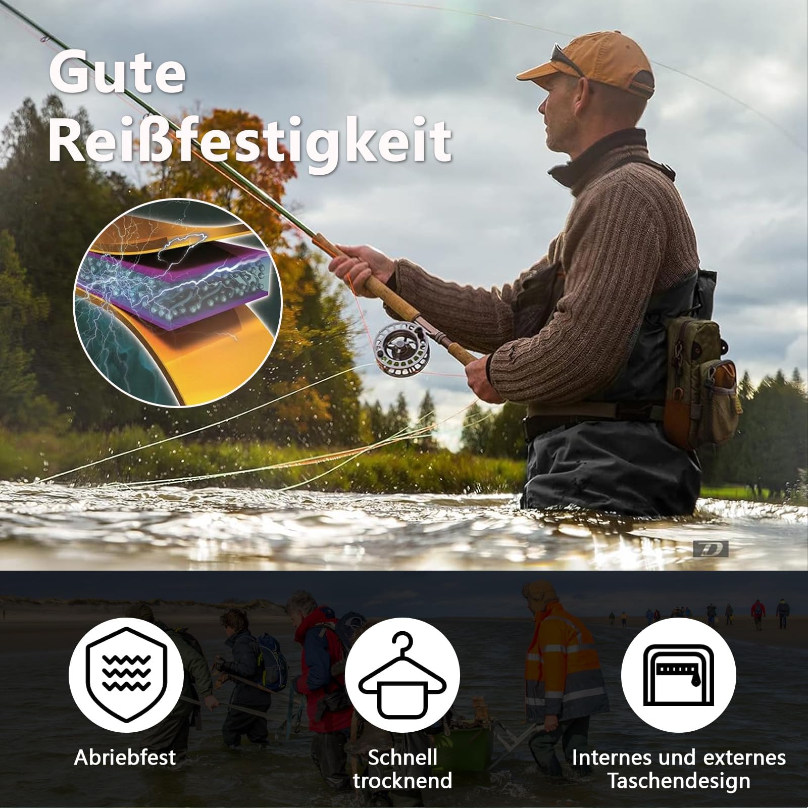 Waders pour homme et femme - Épaissir - Pantalon de pêche avec bottes, cuissardes - Poches de poitrine - Bretelles réglables - Waders en nylon - Pantalon de pêche