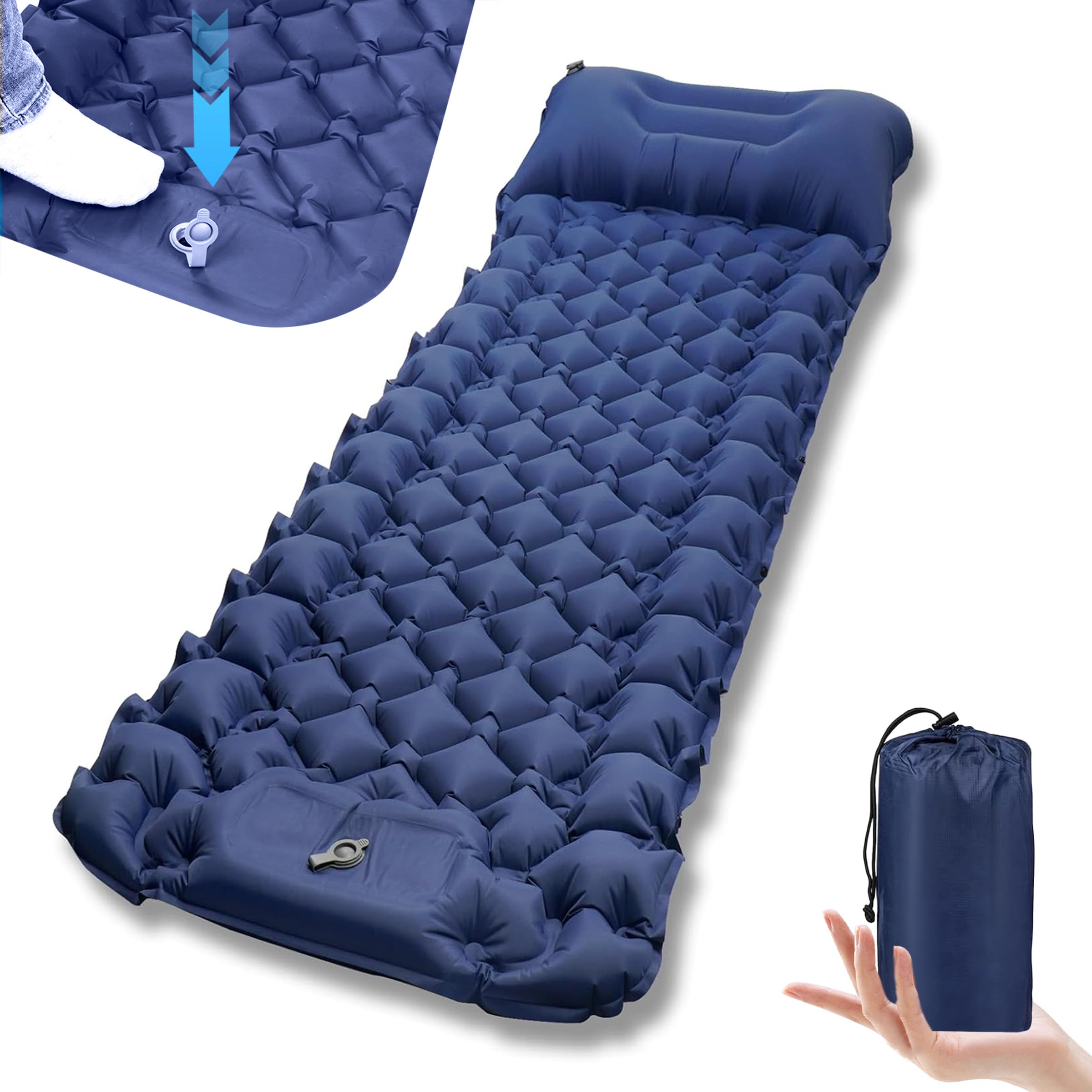Colchoneta Autoinflable para Camping, 198 × 68 × 8CM Portatíl Ultraligera Impermeable Colchoneta Camping, con Almohada y Bomba de Pie, para Acampada, Trekking, Exteriores, Viaje