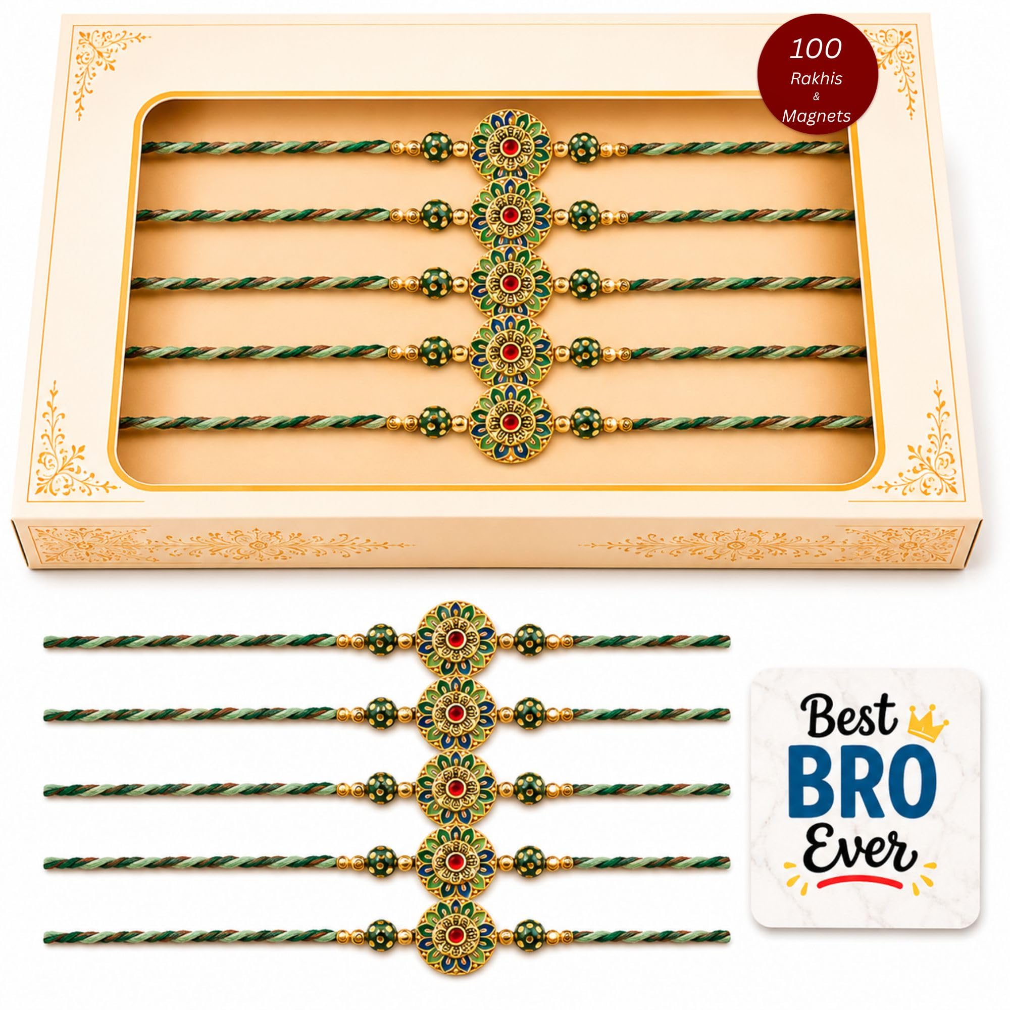 eCraftIndia Pack of 100 Multicolor Flower Designer Rakhi for Brother Bhai Bhaiya | 100 Best Bro Ever Fridge Magnets Gift Combo Set | Roli Chawal Pack | Raksha Bandhan Floral Rakhi Collection