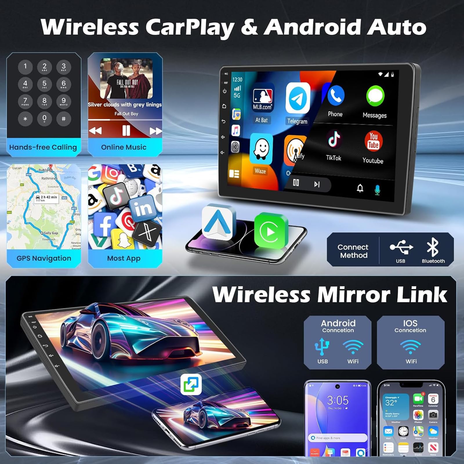 Autoradio stereo da 7"per LANCIA Ypsilon 2012-2020 con Carplay wireless/Android Auto HD Touch Screen Navigazione GPS Android WiFi Bluetooth FM/RDS Mirror Link EQ SWC Teleca (b, 4 CORE 2+32G)