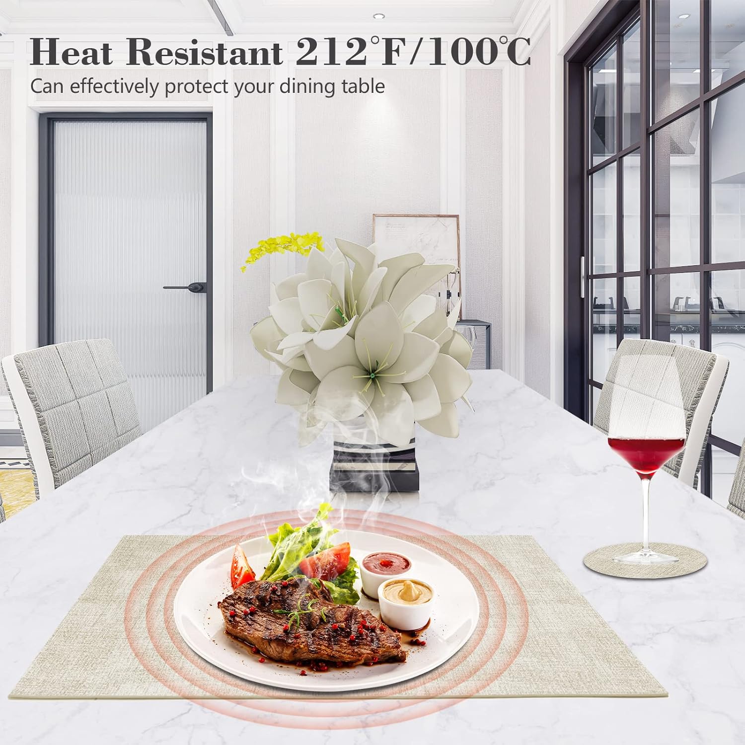 Faux Leather Placemats Set of 6,Heat Resistant Placemats for Dining Table, Easy Clean Non-Slip Place Mats, Waterproof Stain Resistant Wipeable Washable PU Table Mats, (Beige)