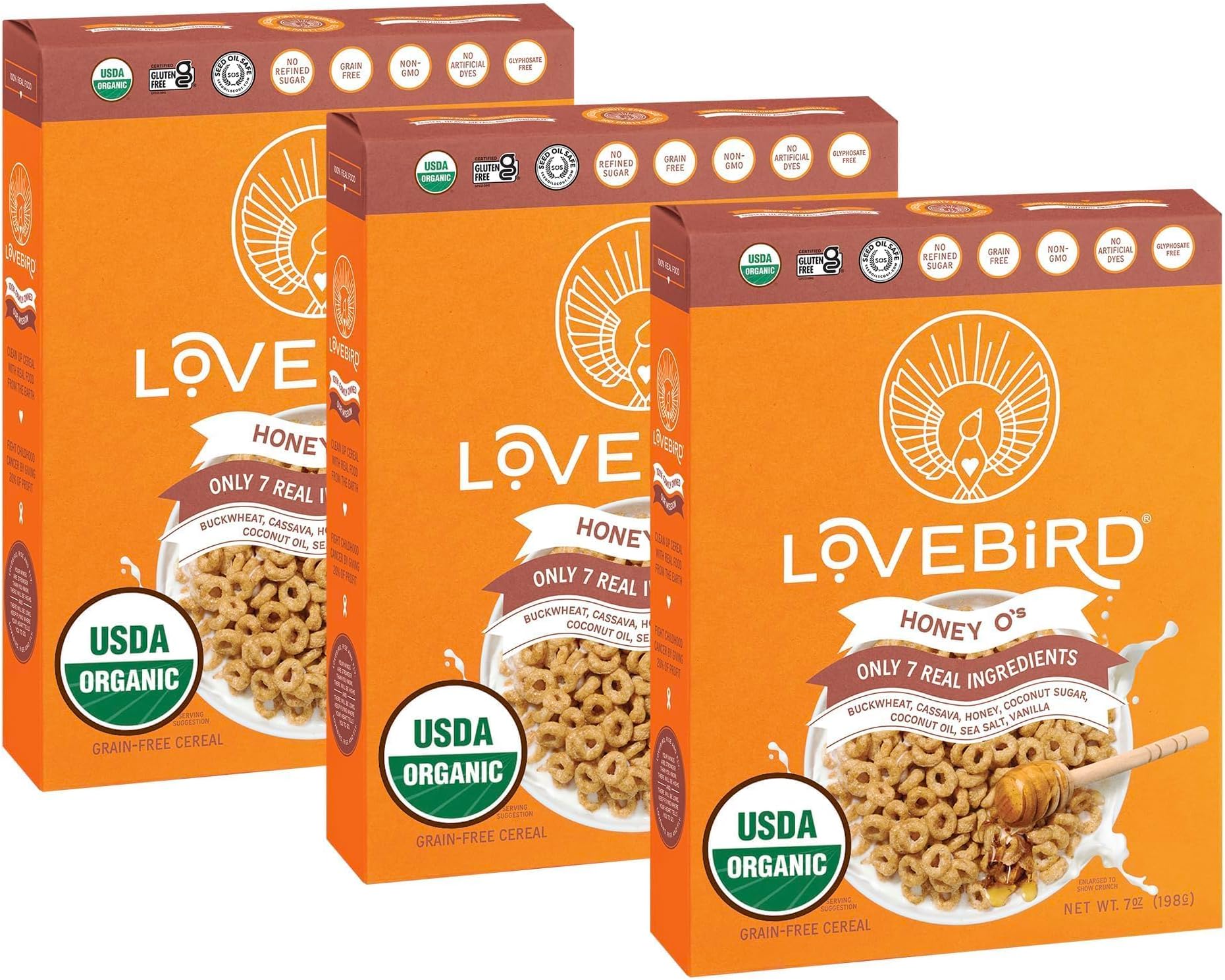 Lovebird Organic Cereal That Actually Tastes Good - 100% Real Food & Healthy Gluten Free Cereal, No Refined Sugar, Paleo, Keto Friendly Healthy Snacks for Kids, Adults - Honey, 3-Pack