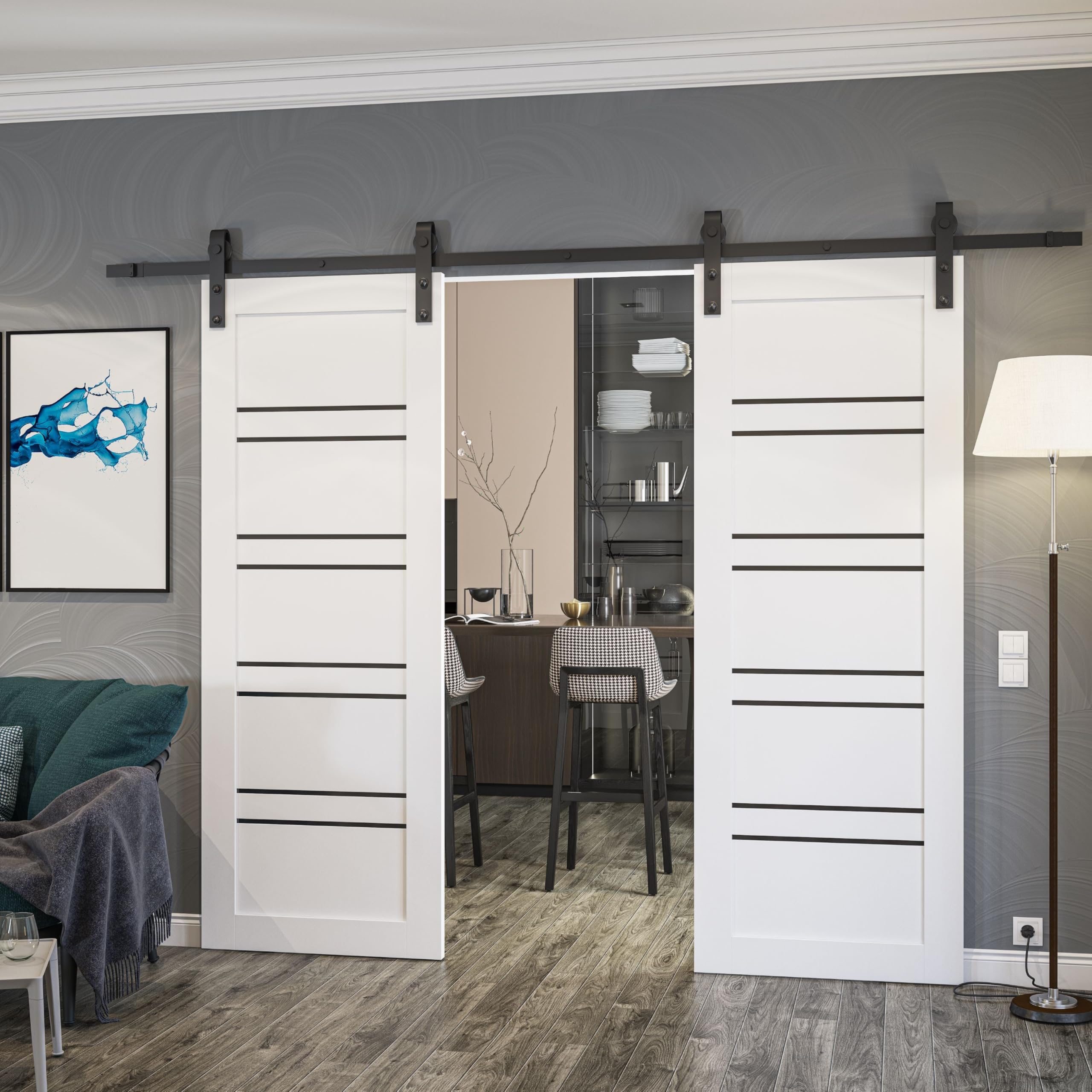 SARTODOORS Sliding Barn Door 18 x 96 inches | Base 1094 White Single Barn Door/Black Rail | Opaque Glass MDF Modern | Bedroom Living Room