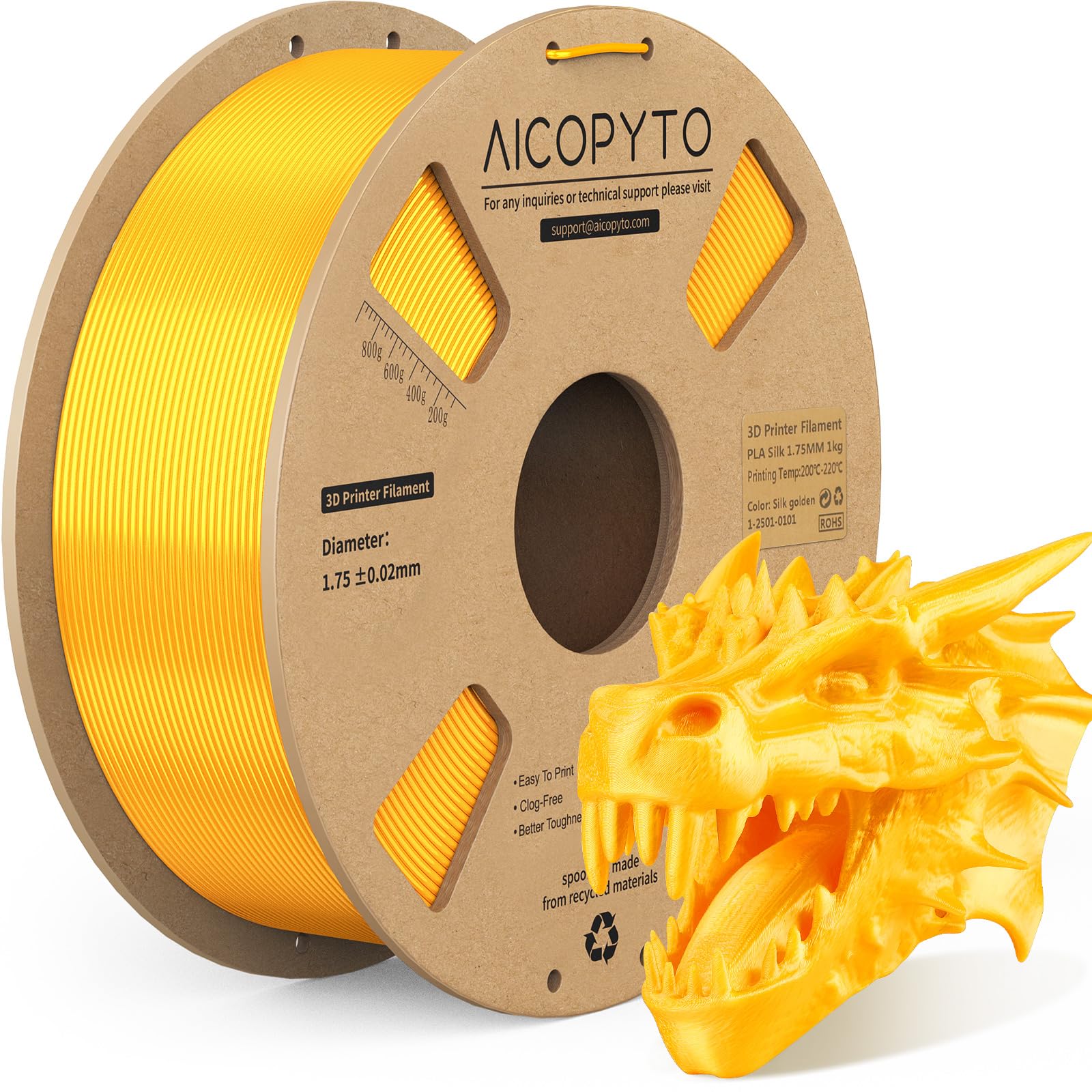 3D Printer Silk PLA Filament 1.75mm, Shiny Color Golden, Dimensional Accuracy +/- 0.02 mm, 1KG (2.1lbs)/Spool Easy to Print for Most FDM 3D Printers