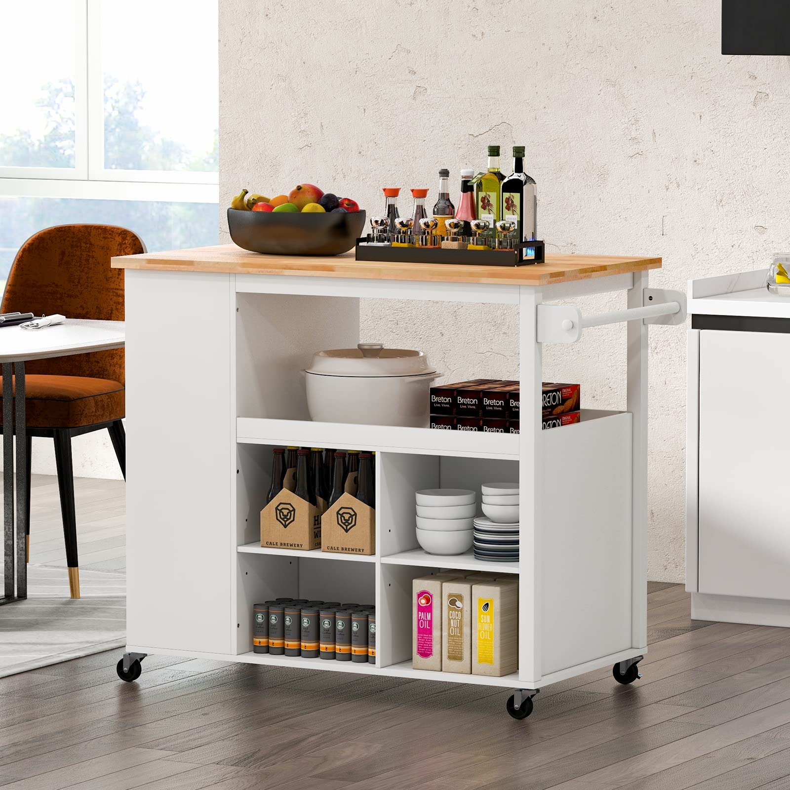 COSTWAY Keukenwagen op wieltjes, serveerwagen met werkblad, lade, handdoekhouder en 3 kruidenrekken, keukeneiland, oprolbare keukenkast, voor keuken, eetkamer en bar (wit