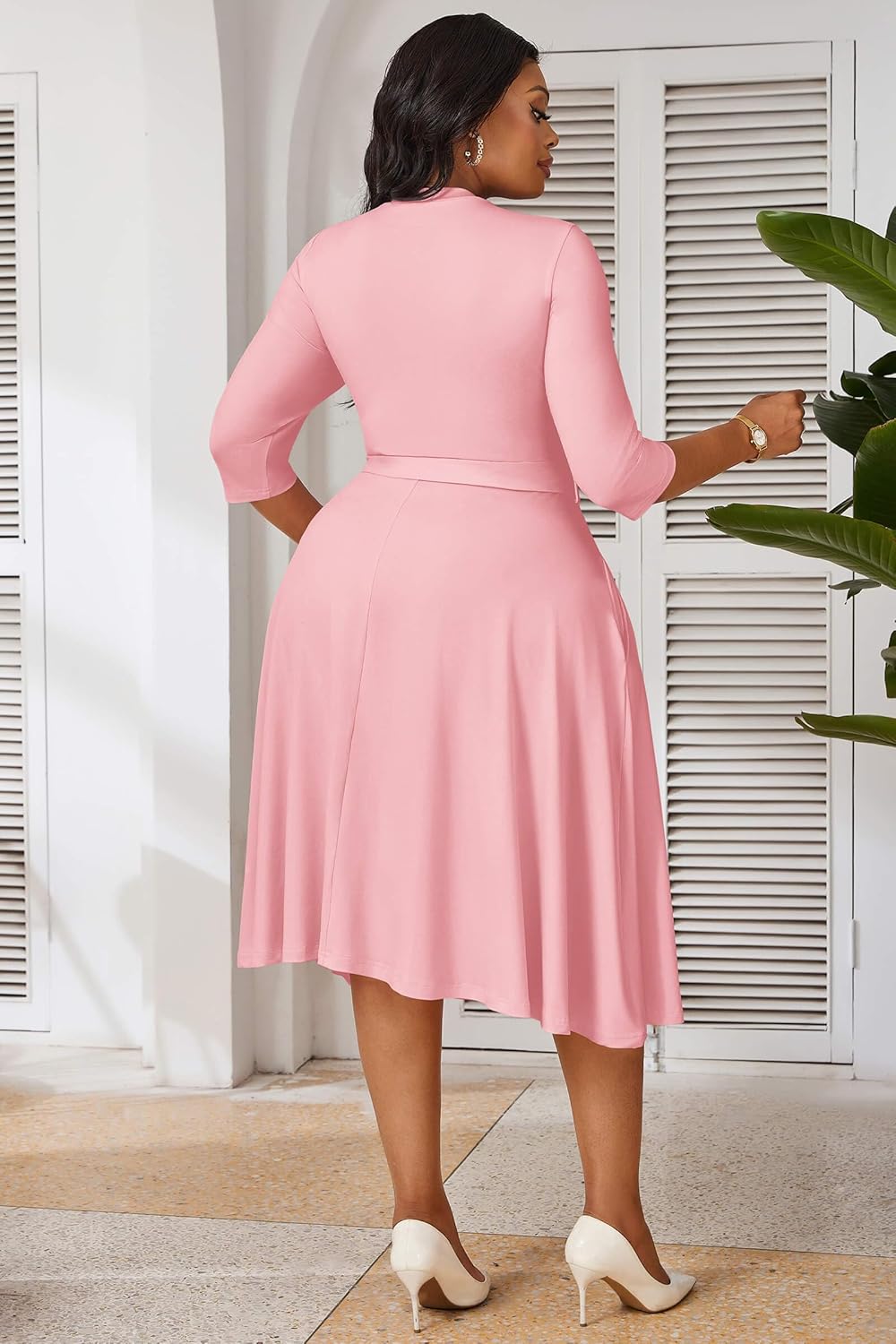 CLOCOR Plus Size Dresses, Womens Casual Church 3/4 Sleeve V Neck Cocktail Wrap Midi Dress with Pockets & Belt