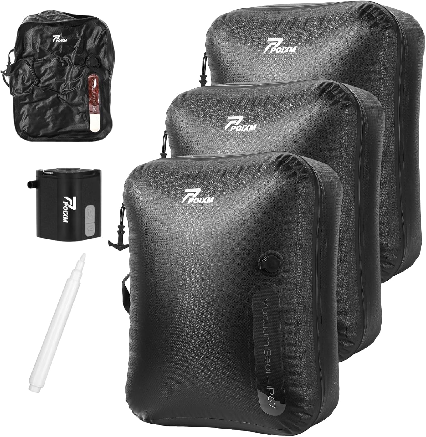 Vacuum Bags for Travel with Wireless Pump, 180° Open Zipper, IP67 Waterproof, Reusable Compression Bags (3 Pack + Pump)