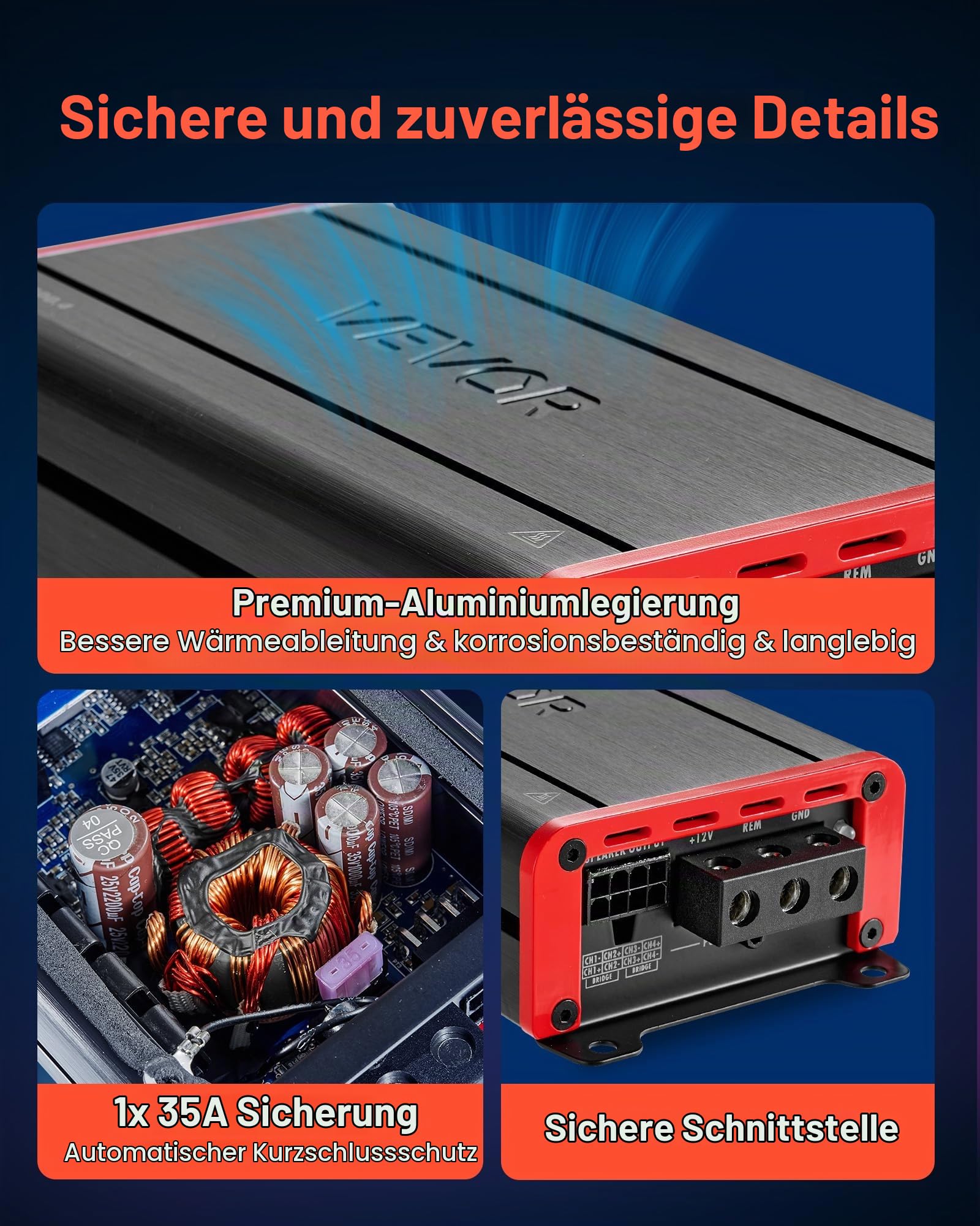 VEVOR Autoverstärker 4-Kanal, Endstufe Klasse D Überbrückbar, Max. 4 x 120 W an 4 Ohm / 4 x 200 W an 2 Ohm, Hochleistungsverstärker für SUVs Pickups Geländewagen Mehrkanal-Audioverstärker