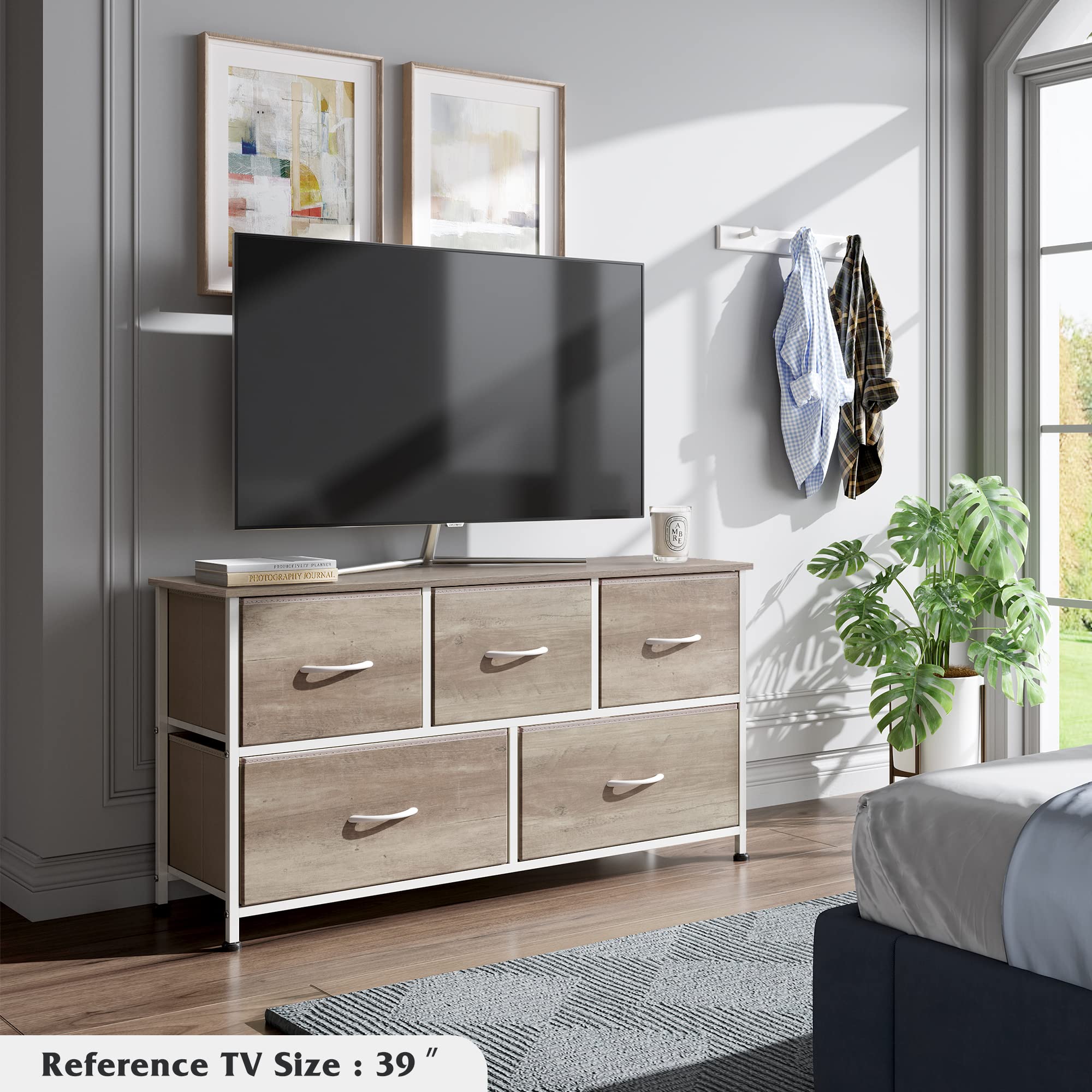 WLIVE Dresser for Bedroom with 5 Drawers, Wide Chest of Drawers, Fabric Dresser, Storage Organizer Unit with Fabric Bins for Closet, Living Room, Hallway, Nursery, Greige