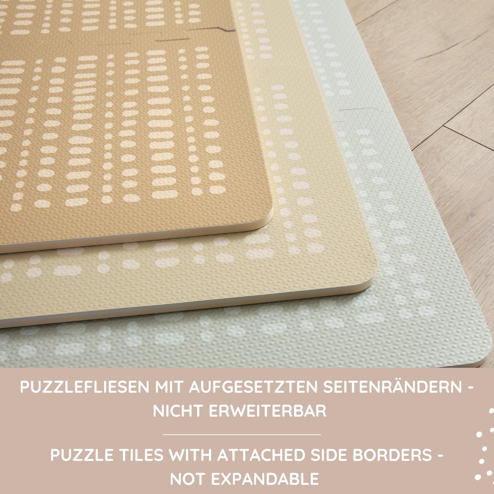 Elegancki dywan do puzzli dla niemowląt 1,7 x 1,2 m Hygge Sand - 16 płytek XL z krawędziami, gruby i miękki, bez szkodliwych substancji, bezwonny, łatwy w pielęgnacji, opakowanie bez plastiku.