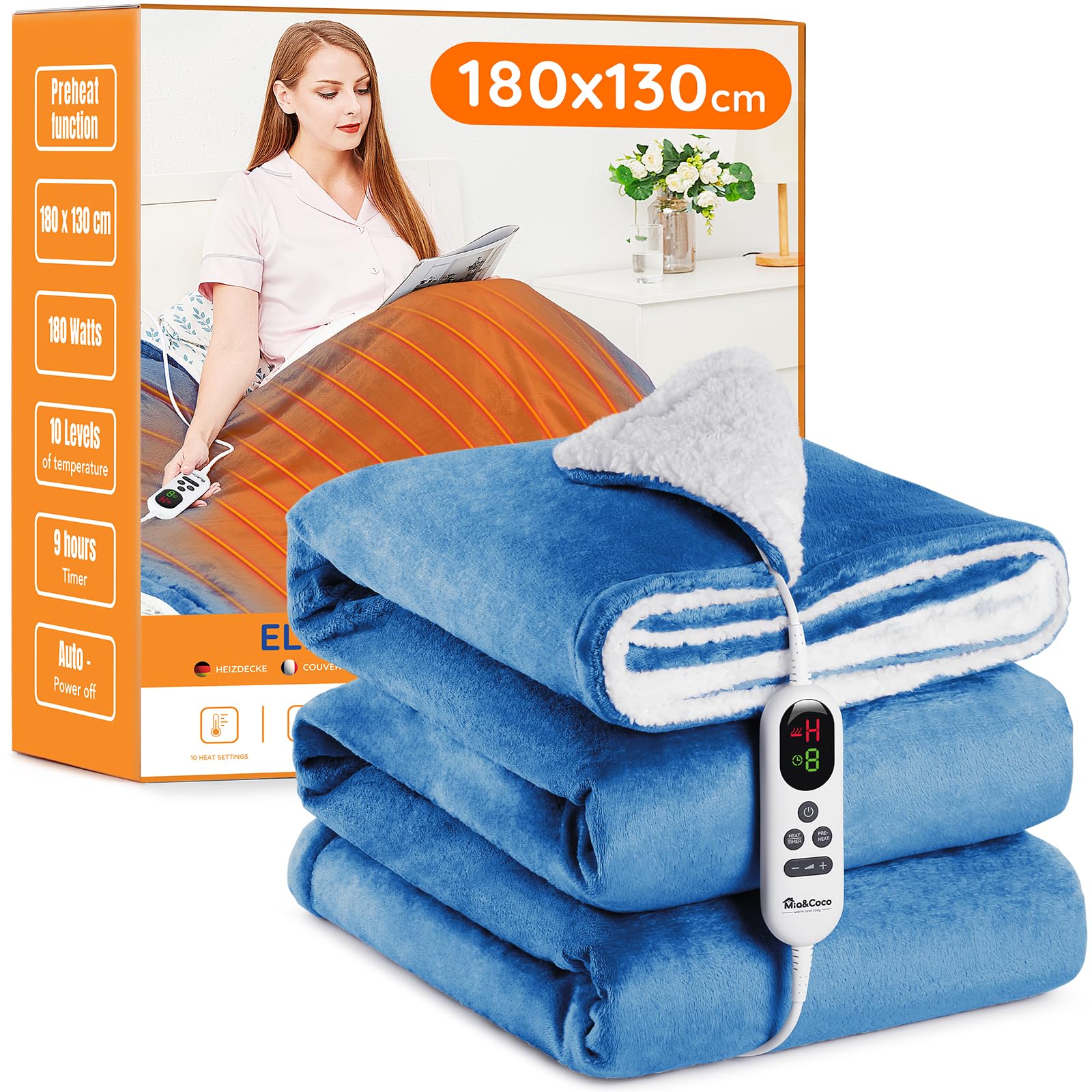 Mia&Coco Electric Heated Blanket Throw Flannel Sherpa Fast Heating 180x130cm, 10 Heat Levels & Up-to-9-Hours Auto-Off Timer & LED Display, for Home Office Use, Machine Washable, ETL Certified, Blue
