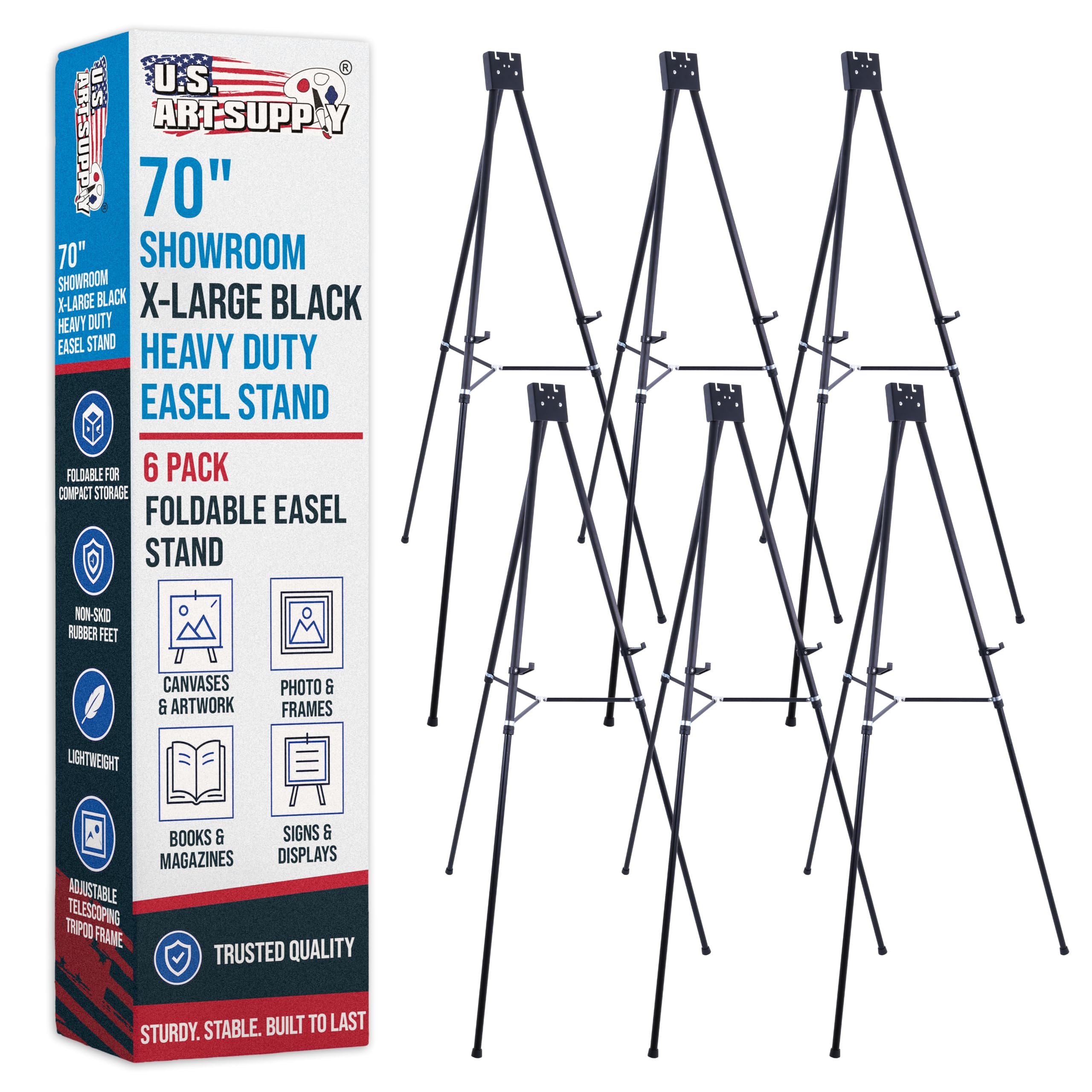 USA Art Supply 180 cm wysoka Showroom XL aluminiowa sztaluga ekspozycyjna (opakowanie 6 sztuk), mieści 45 kg - wytrzymały bardzo duży czarny stojak prezentacyjny, regulowany przenośny statyw stołowy - znaki wystawowe, plakaty
