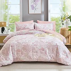DJY Conjunto de edredom queen size, rosa, botânico, 7 peças, cama em um saco, lençol Queen elegante, estampa de plantas de microfibra macia, reversível, conjunto completo para todas as estações