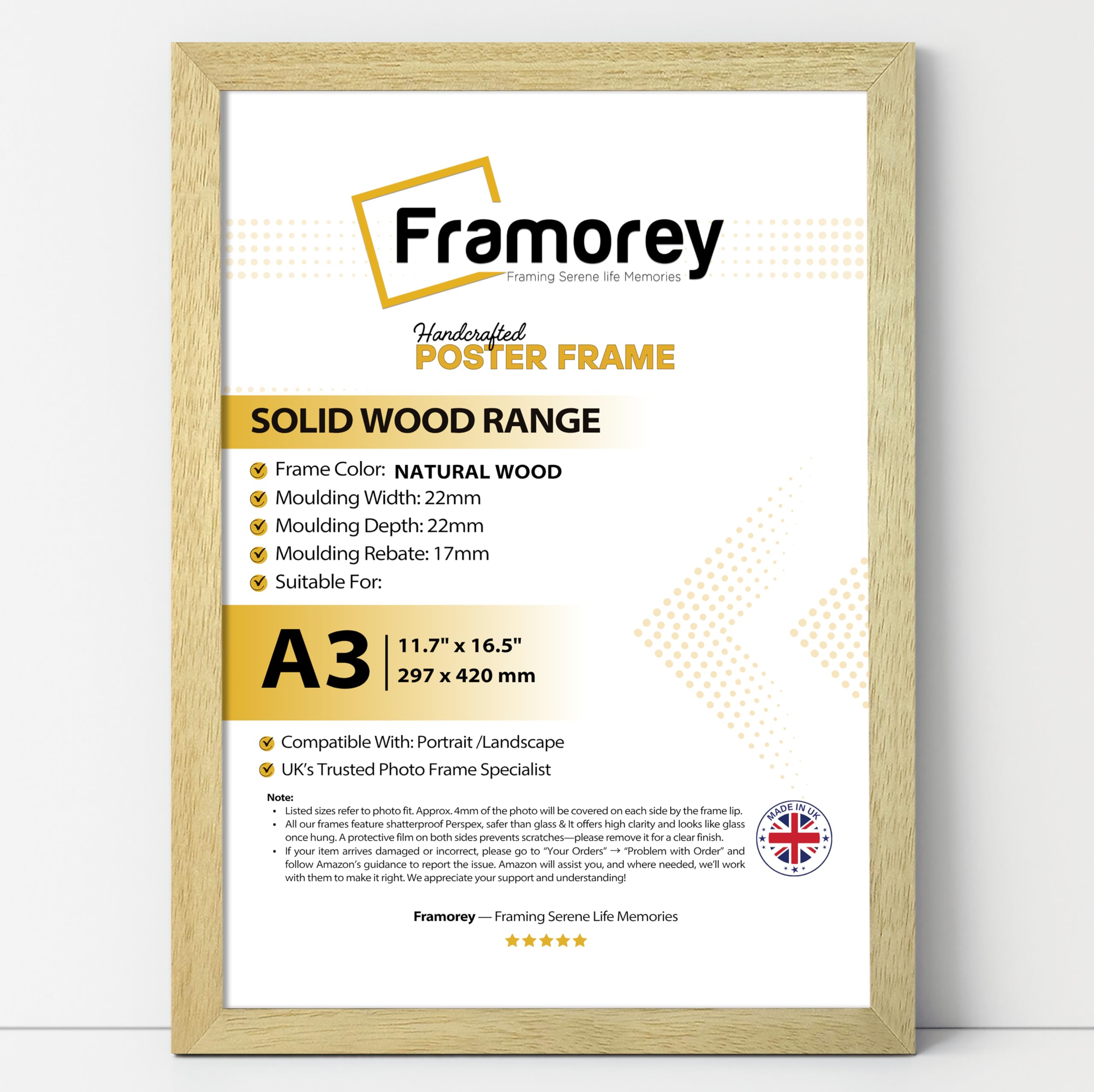 Framorey Framing Serene Life Memories Natural Wood Framorey A3 Frame,100% Solid Wood Frame,A3 Picture Frames, Suitable For Vertical Or Horizontal Wall Mounting, 29.7 X 42 Cm Poster Frame, Certificate Frame For Wall Mounting