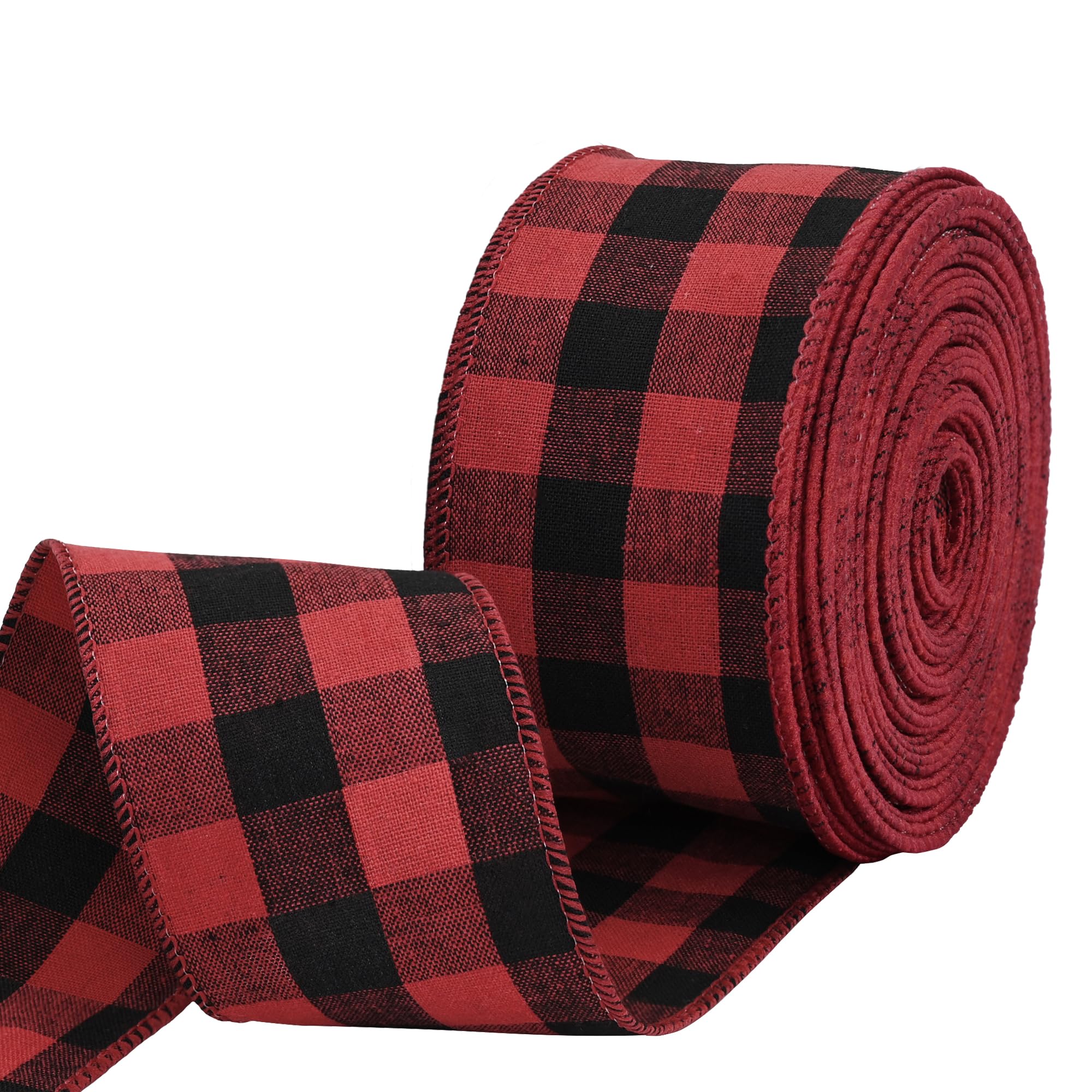Cinta de cuadros de 2-1/2 pulgadas x 15 yardas con alambre negro y rojo para envolver regalos, decoración de árboles, coronas, decoración al aire libre