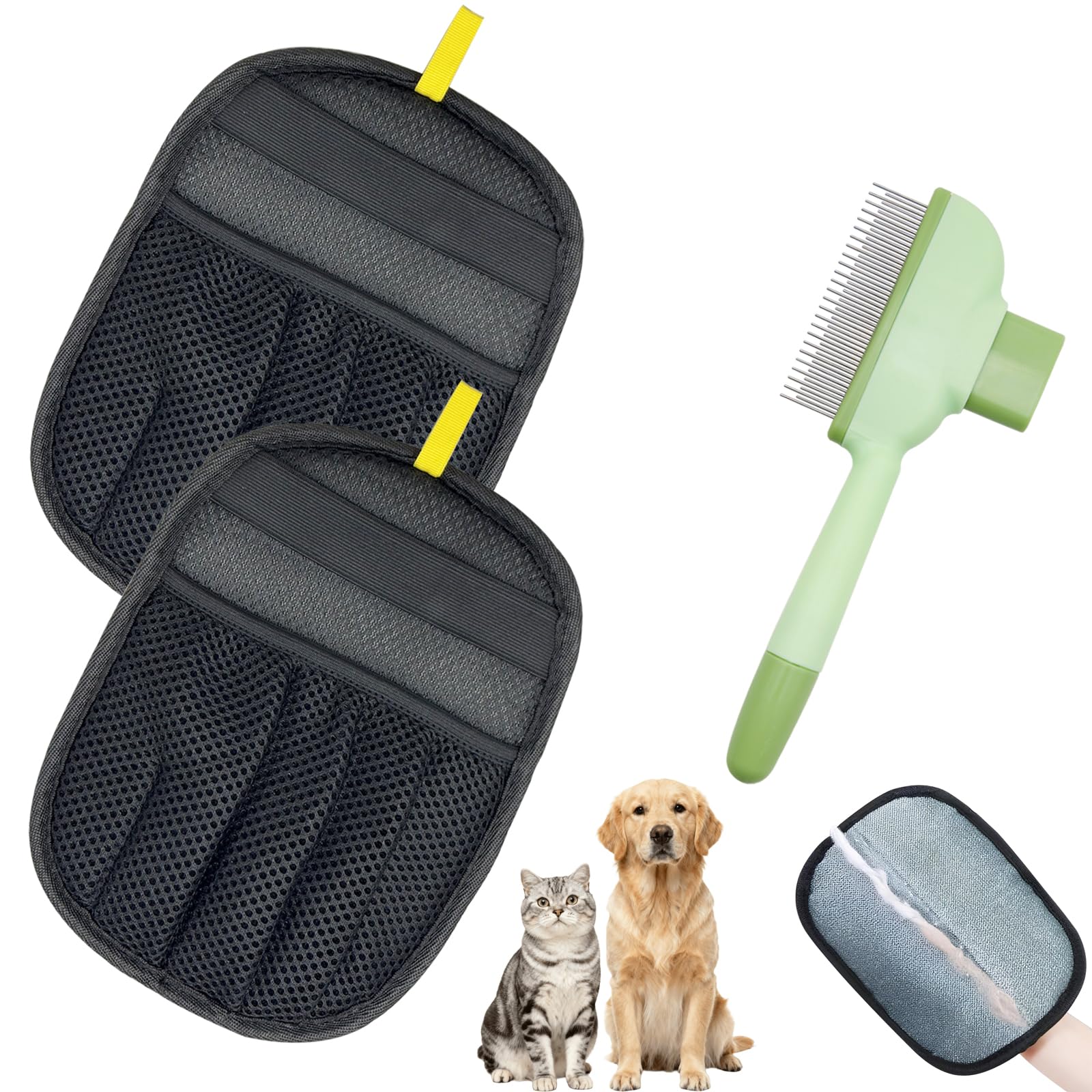 2PCS Pet Hair Remover Gloves with Self-cleaning Pet Brush For Dogs and Cats,Double Sided Static Dog Cat Grooming Glove,Deshedding Dog Gloves For Furniture,Bed,Carpet,Clothes