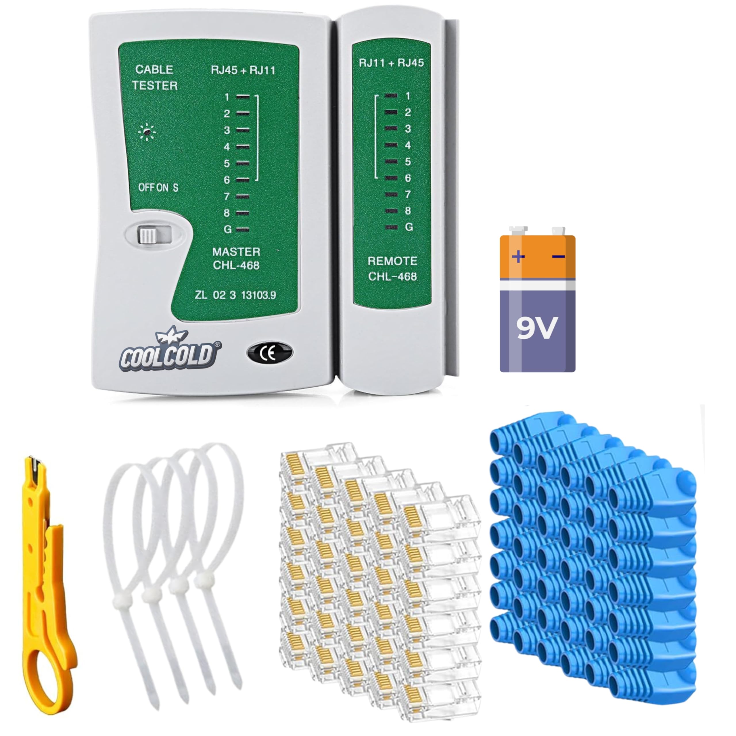 COOLCOLD® Network Cable Tester for RJ45/RJ11/RJ12 – LAN Tester with 9V Battery, UTP CAT5/CAT6 Ethernet Support, Cable Stripper Included, 10 Cable Ties, 50 RJ45 Connectors & 50 Boots (Multicolor)-picture-30