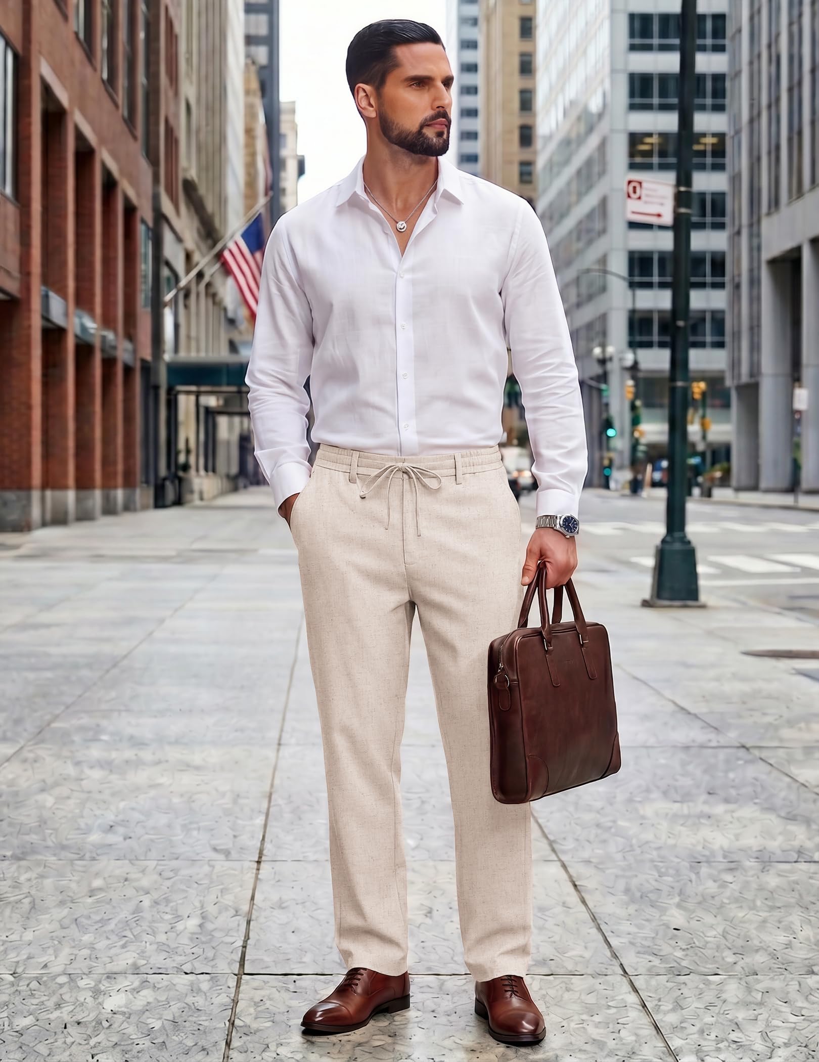 COOFANDY Herren-Hose aus Baumwoll-Leinen, lässig, Kordelzug, Sommer, Strand, leicht, Leinenkleid