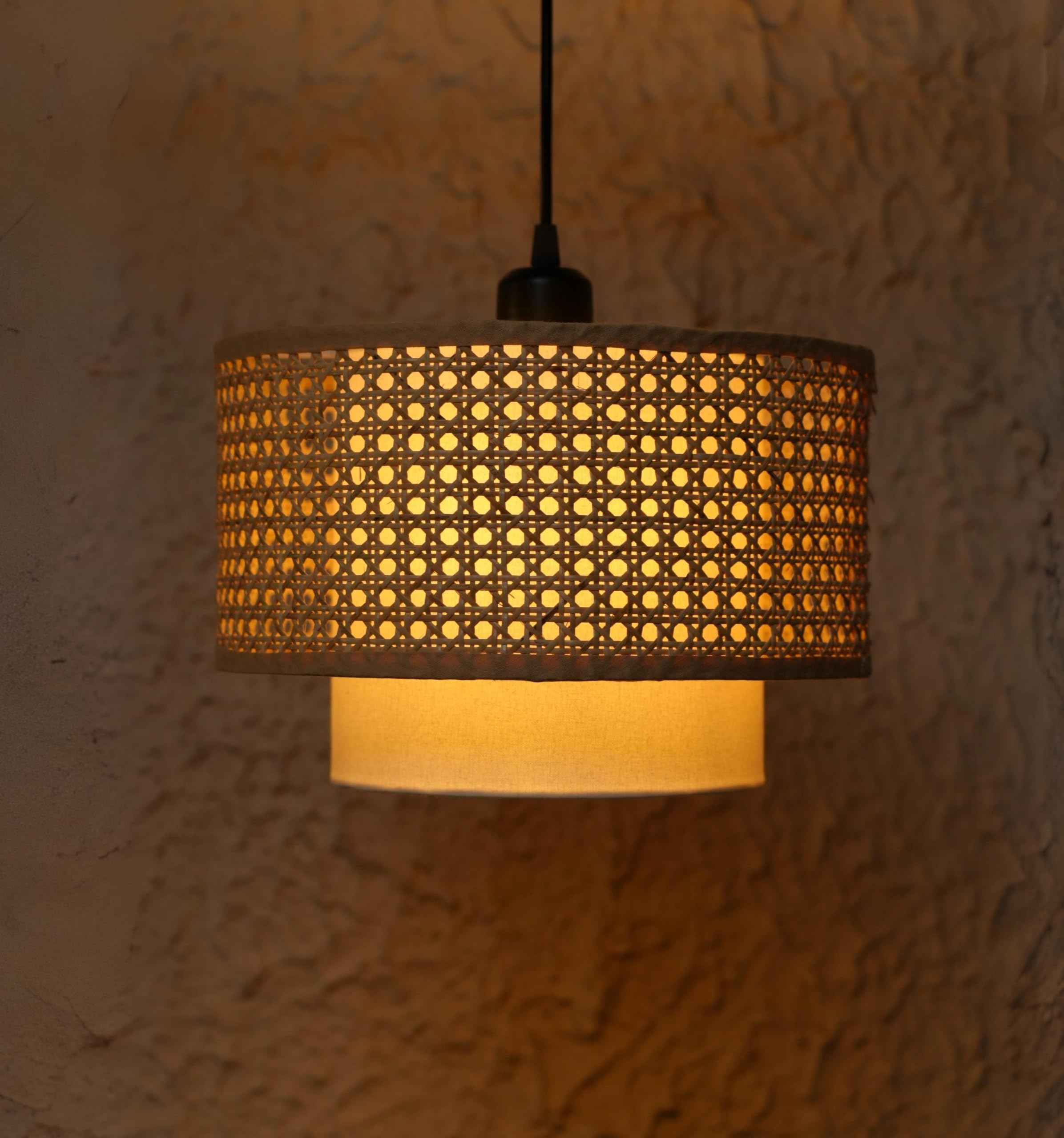 Ikari Homes Duo Rattan Pendant Light I Boho Ceiling Mounted Lamp, Indonesian Natural Rattan, E27 Holder with Fittings I Hanging Lamp for Living Room/Ceiling - Bulb Not Included (Duo Hex I 12x8)-image-4