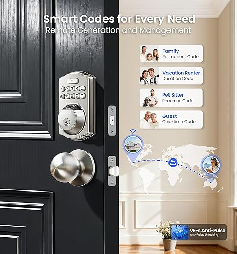 Miniatura 4 de Veise VE012W-K - Cerradura inteligente de huellas dactilares WiFi integrada con 2 perillas, no necesita concentrador, control remoto por aplicación,