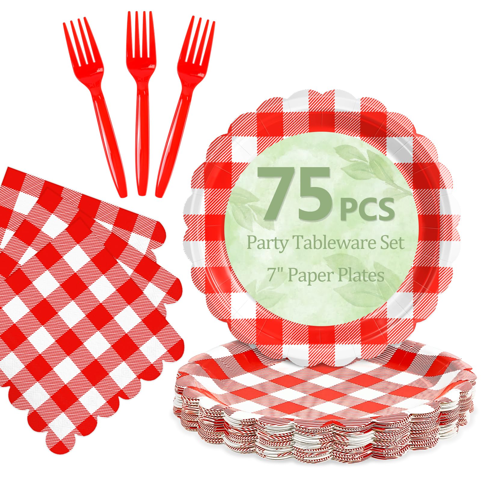Mulbozy 75 Red Gingham Paper Plates and Napkins Disposable for Picnic,7in