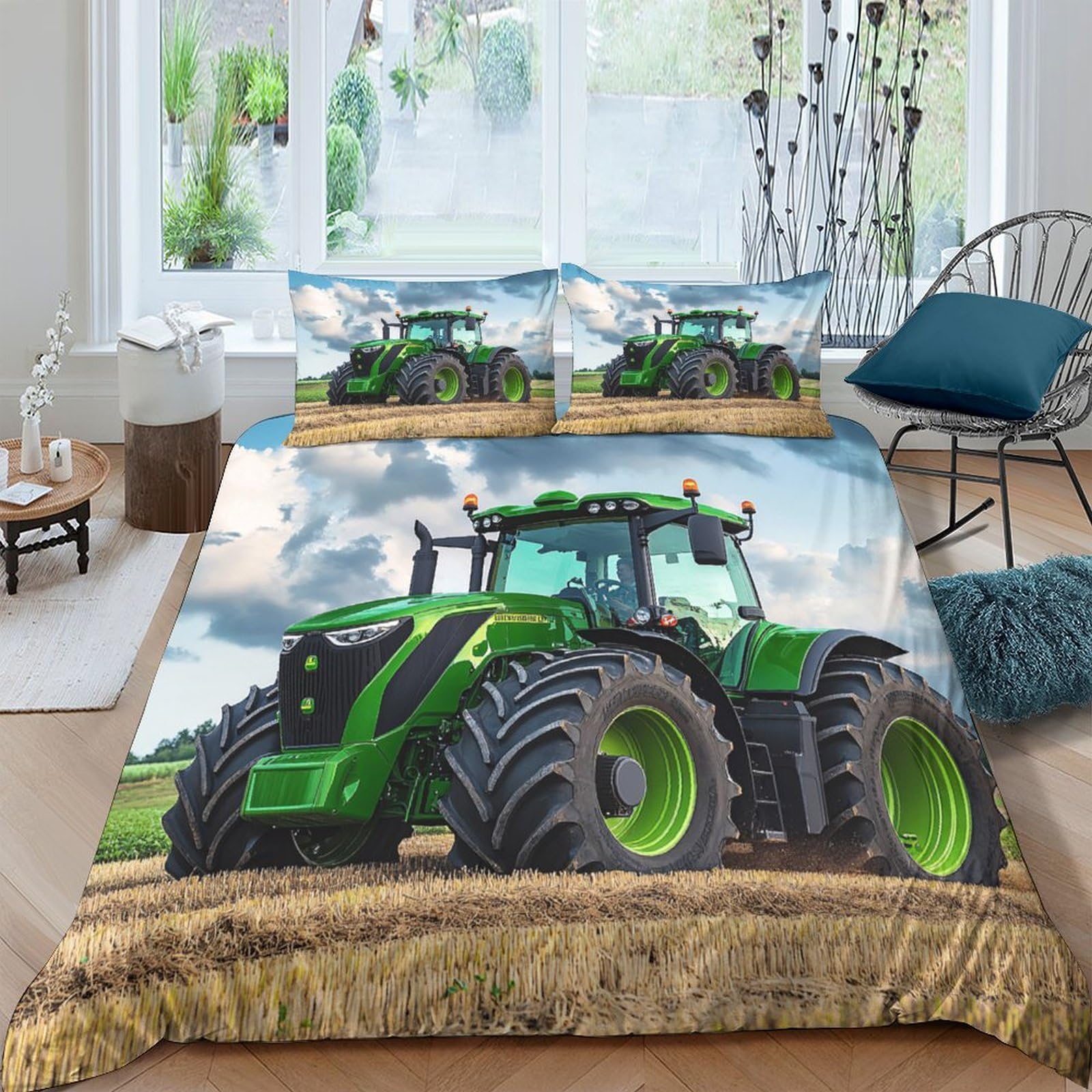 Ctjqhvkz Style-9 3D Printed Green Tractor Fitted Sheet Microfiber Soft Anti-Slip Bed Cover For Bedroom Dorm Farmhouse Decor Single（135X200cm）