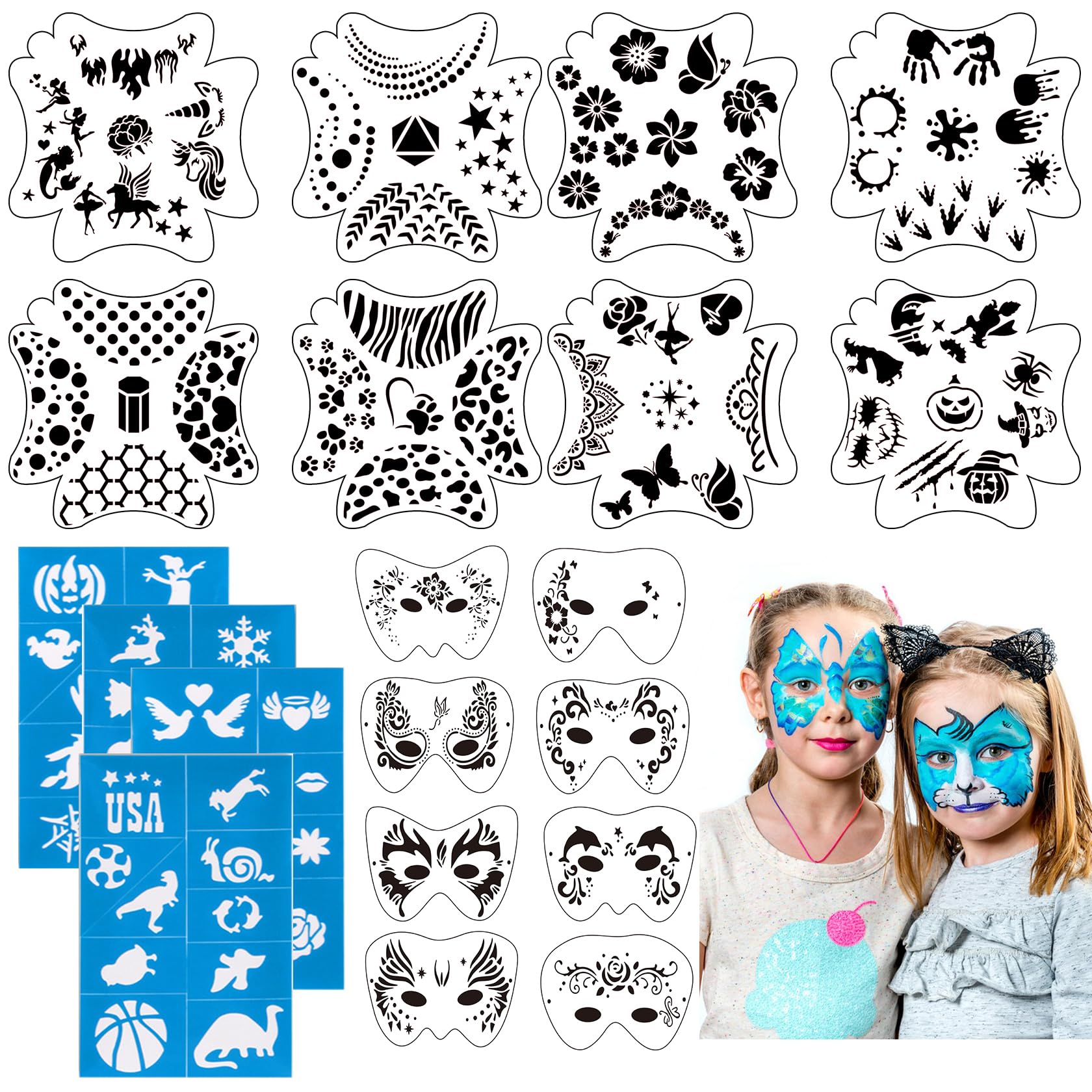 28 Stencil Per Pittura Del Viso Riutilizzabili - Kit Di Maschere Per Trucco Carnevale, Halloween E Feste A Tema - In PET Bianco