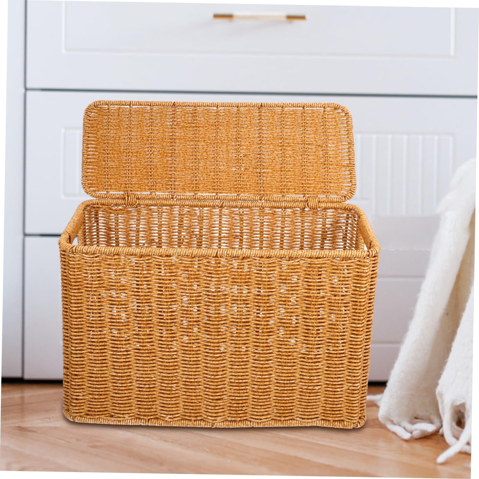 Cesta Estrecha y Alta de Almacenamiento Tejida con Tapa y Asa Organizador Portátil para Juguetes Revistas y Objetos Varios Diseño Ligero y Seguro para Uso Doméstico y Exterior