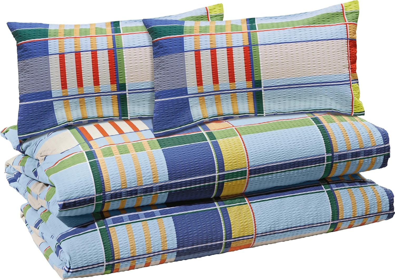Erwin Müller 4-Piece Bed Linen Set Seersucker Checked Non-Iron with Zip Closure Blue Size 135 x 200 cm (40 x 80 cm)