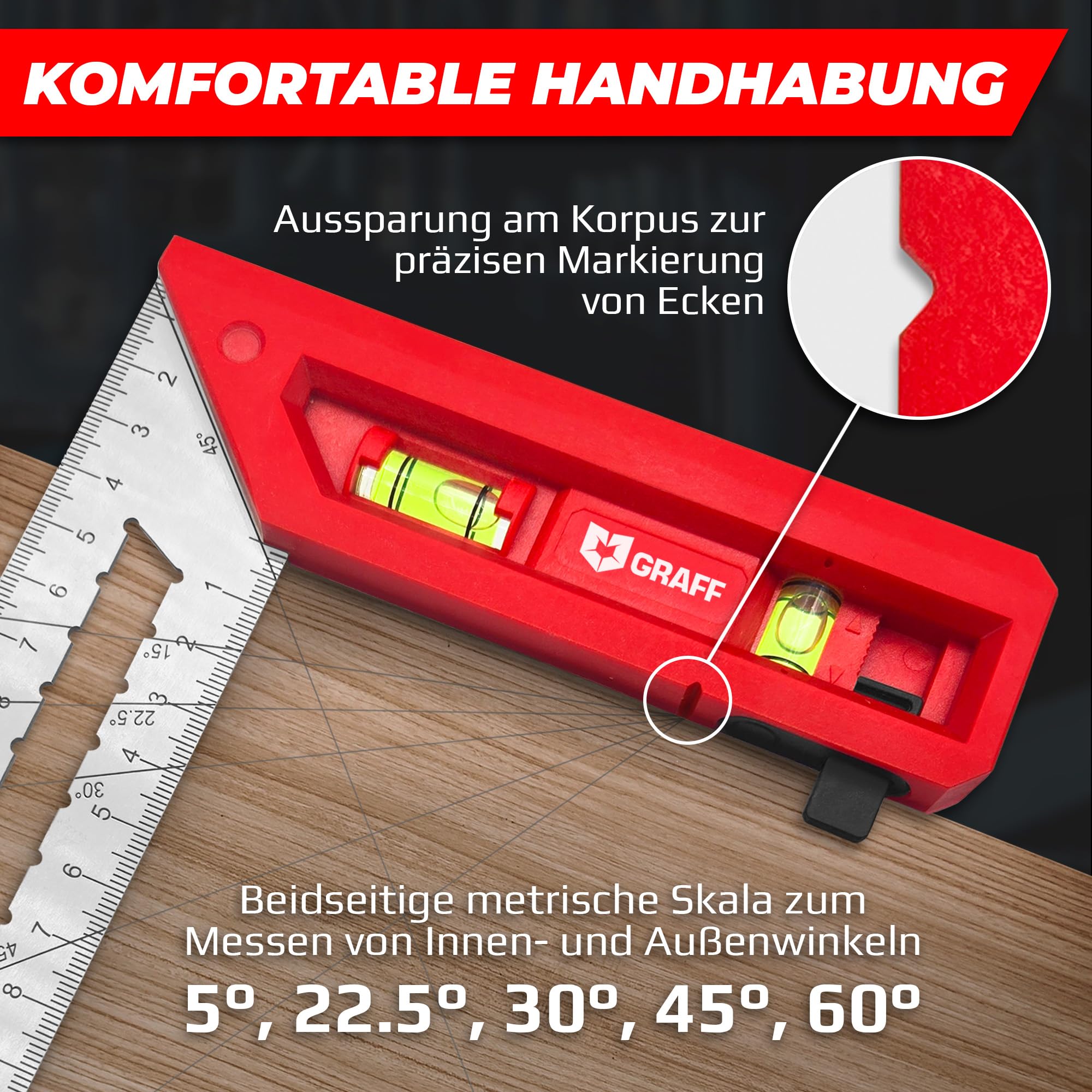 GRAFF Squadra da falegname 300 mm 90°/45° doppia livella a bolla acciaio inox
