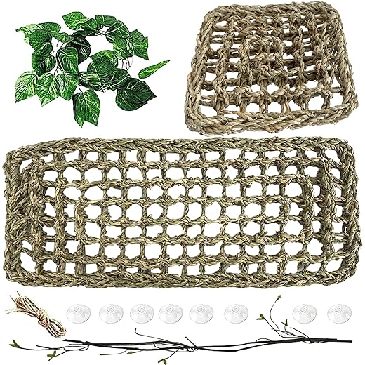 MUYG 4 PCS Bearded Dragon Hammock, Lizard Lounger Reptile Natural Seagrass Hammocks Climb Vines Plant Decoration Terrarium Accessories for Lizards Chameleon Gecko Snakes Crown Geckos