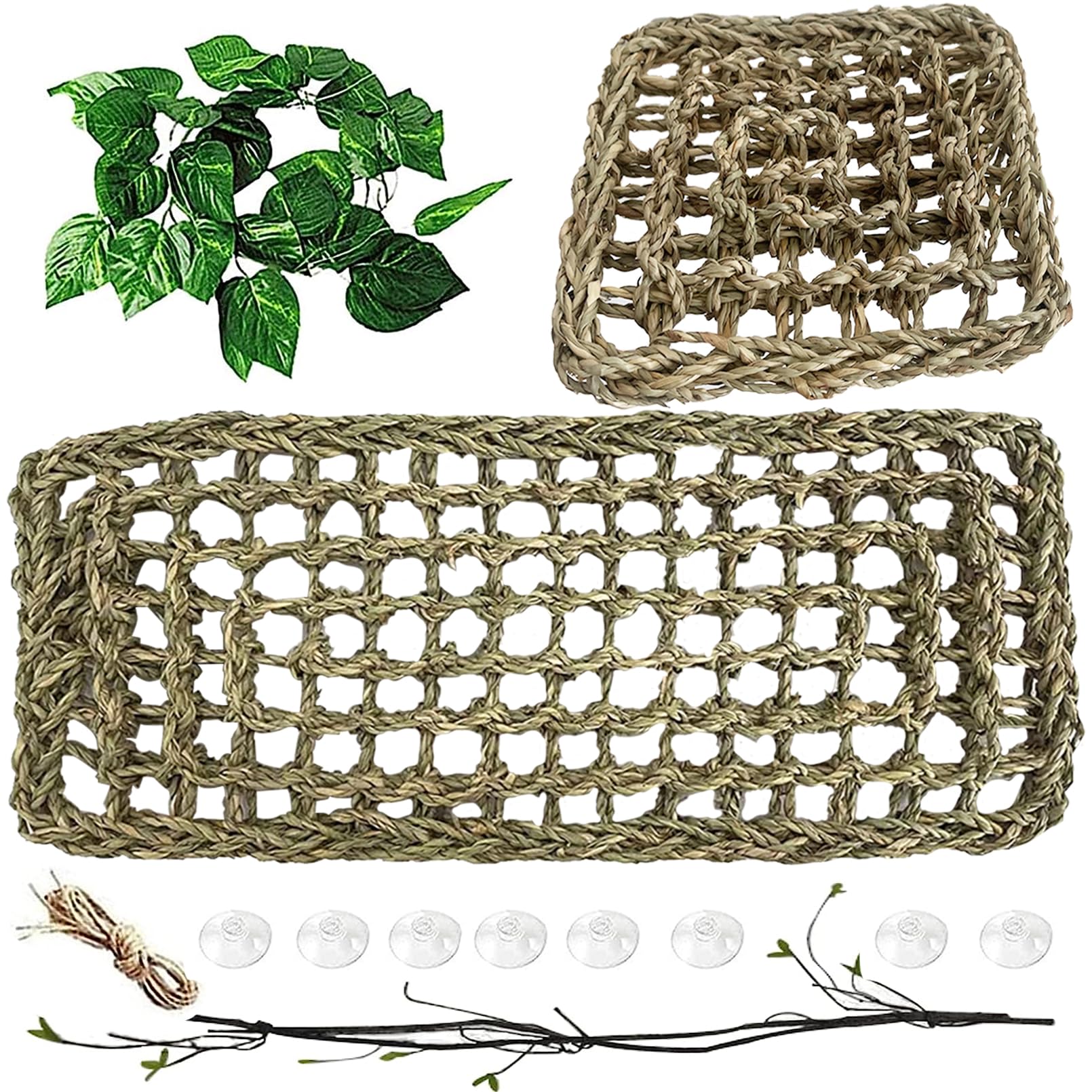 MUYG 4 PCS Bearded Dragon Hammock,Lizard Lounger Reptile Natural Seagrass Hammocks Climb Vines Plant Decoration Terrarium Accessories for Lizards