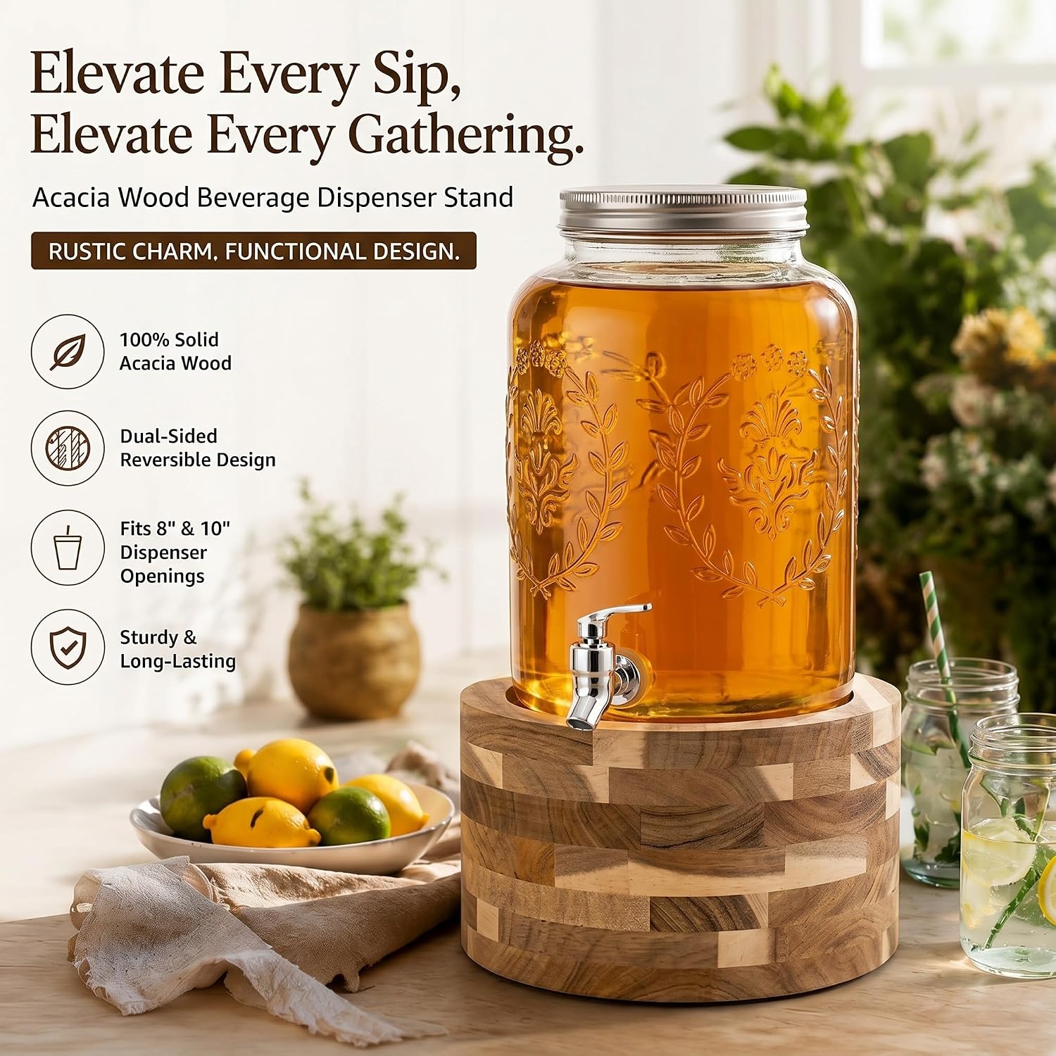 Lewtemi Acacia Wood Drink Dispenser Stand with 6.5" & 8" ID, Reversible Dual Sided Beverage Dispenser Stand for Glass Drink Dispensers, Water Jugs, Water Pitcher, Beverage Containers