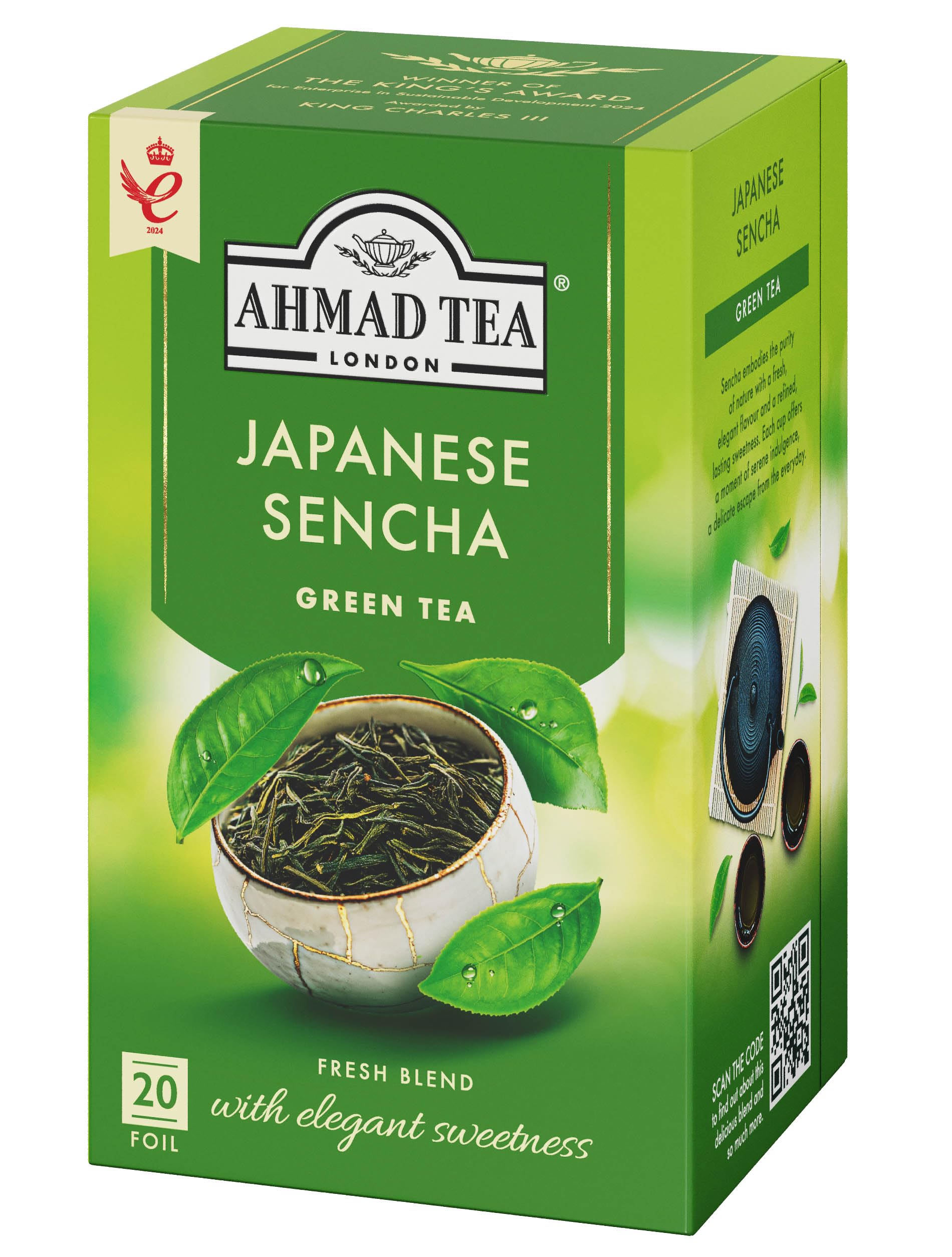 Ahmad Tea Japanese Sencha - Te verde con hojas tradicionales - Bolsitas de te selladas individualmente con 1,8 g de te por porcion - 20 bolsitas de te (paquete de 1)