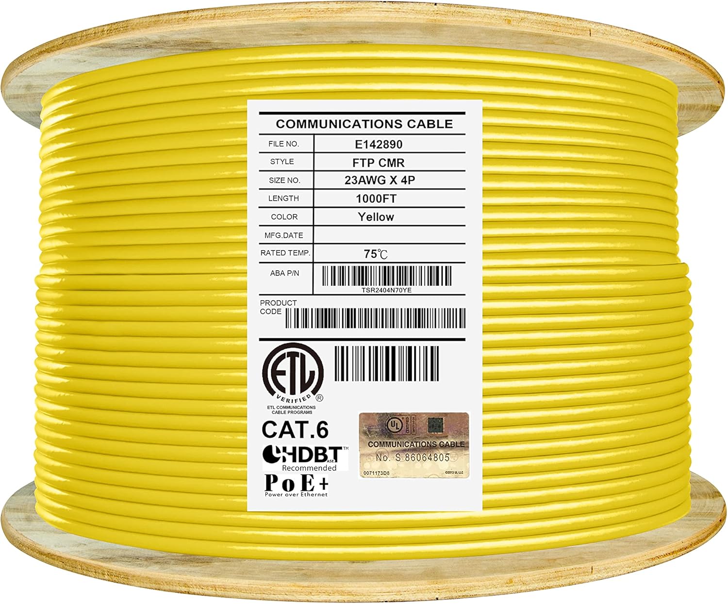 Cat6 Shielded Plenum (CMP), 1000ft, FTP 23AWG, Solid Pure Copper, 550MHz, UL Listed, UL-LP Certification, Higher Performance PoE, Bulk Ethernet Cable Reel, Yellow