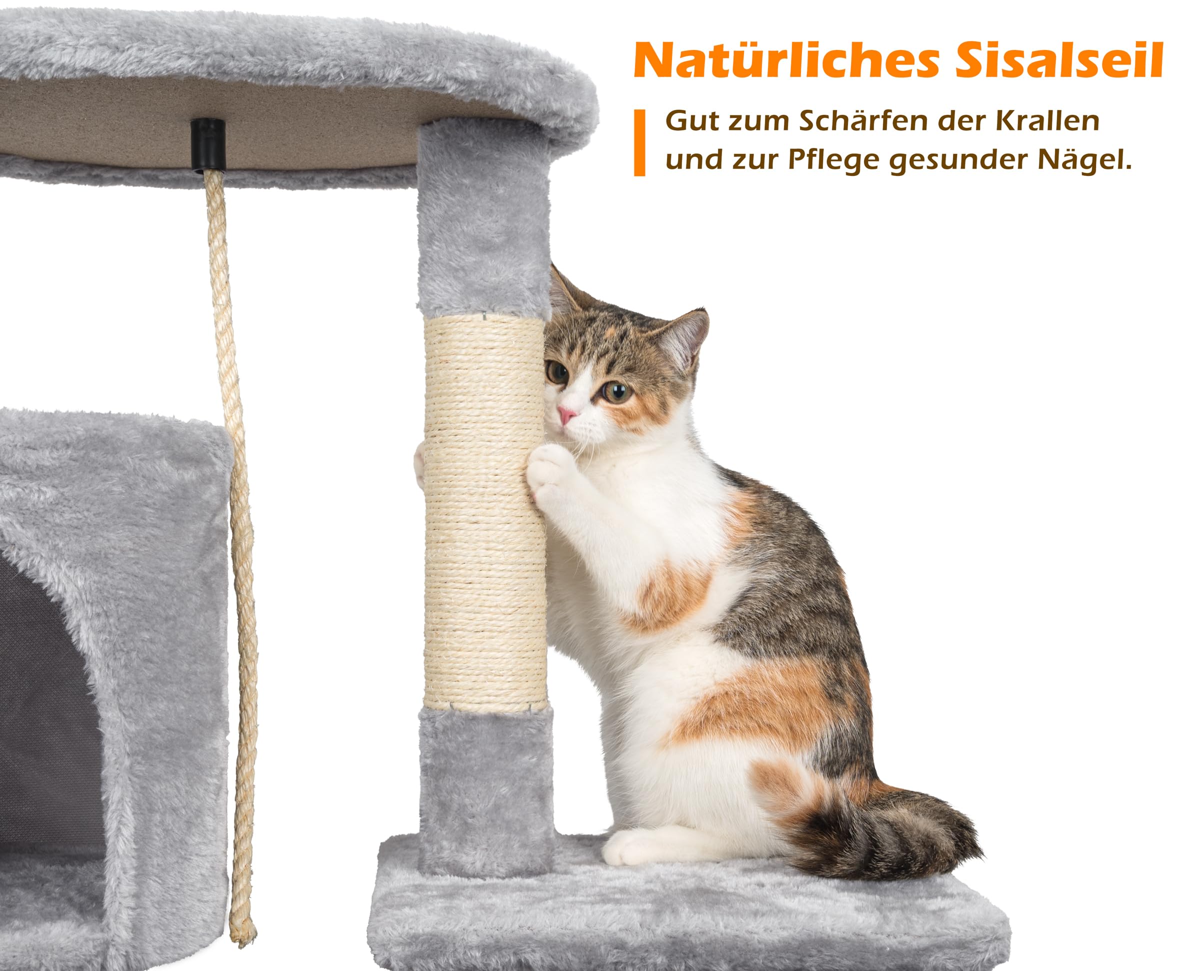 Kratzbaum, 112 cm Katzenbaum Stabil Katzenkratzbaum, Aktivitätskratzbäume mit Kratzsäule Großer Plattform Katzenhaus Plüschbälle, Grau