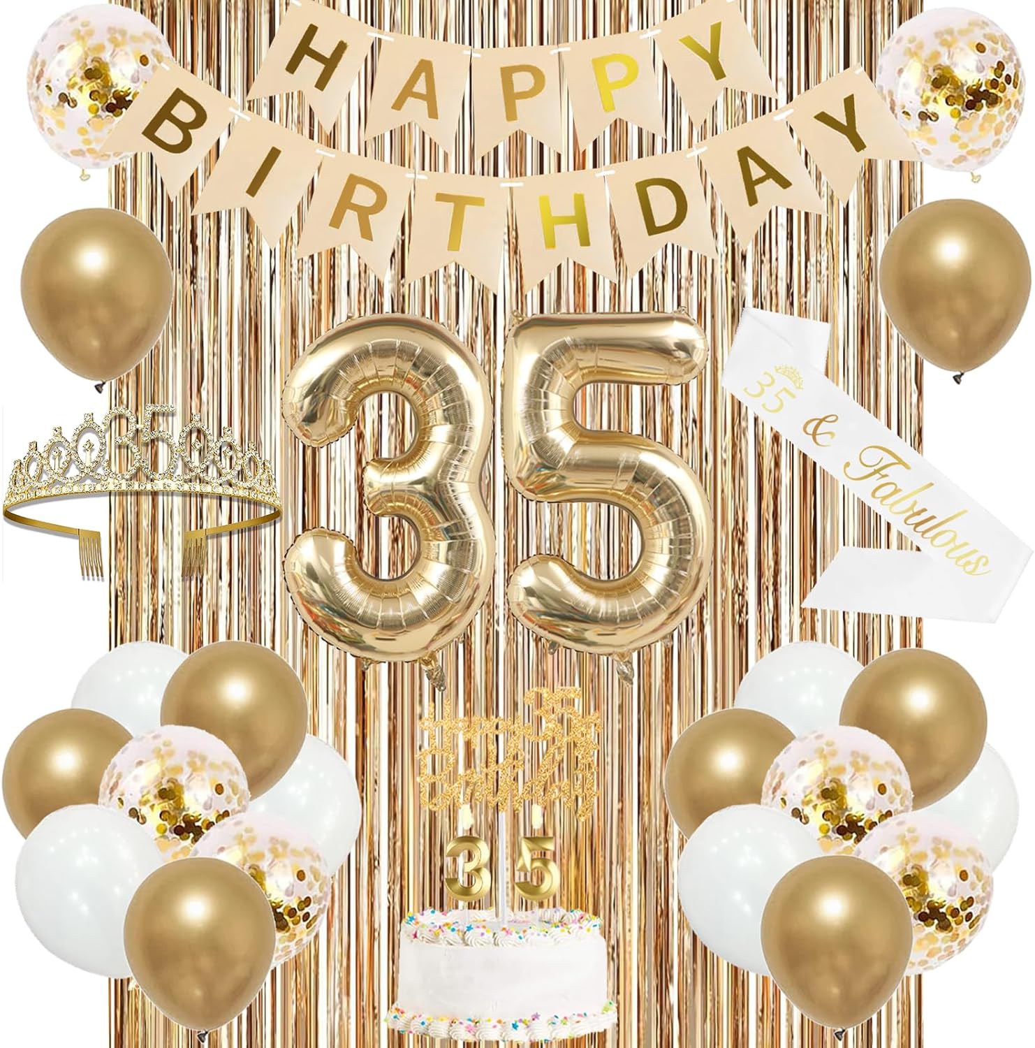 Trgowaul 35th Birthday Decorations for Women, Banner, Sash and Crown, Cake Topper, 35 Number Balloon, Fringe Curtains, Champagne Gold 35th Birthday Party Supplies