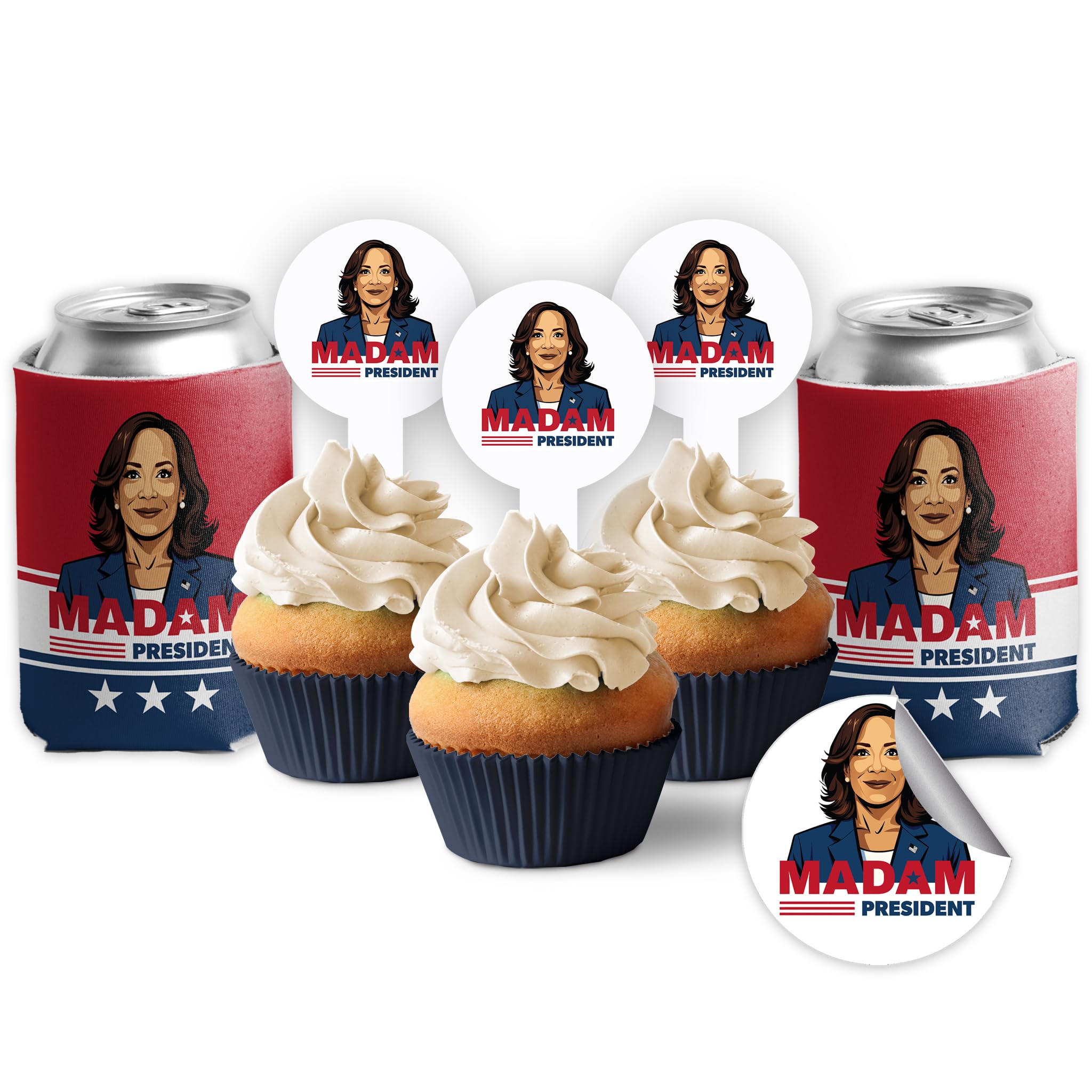 Kamala Harris Watch Party Bundle - Can Coolers, Cupcake Toppers & Lapel Stickers Set, Perfect for Election Viewing Parties (50)