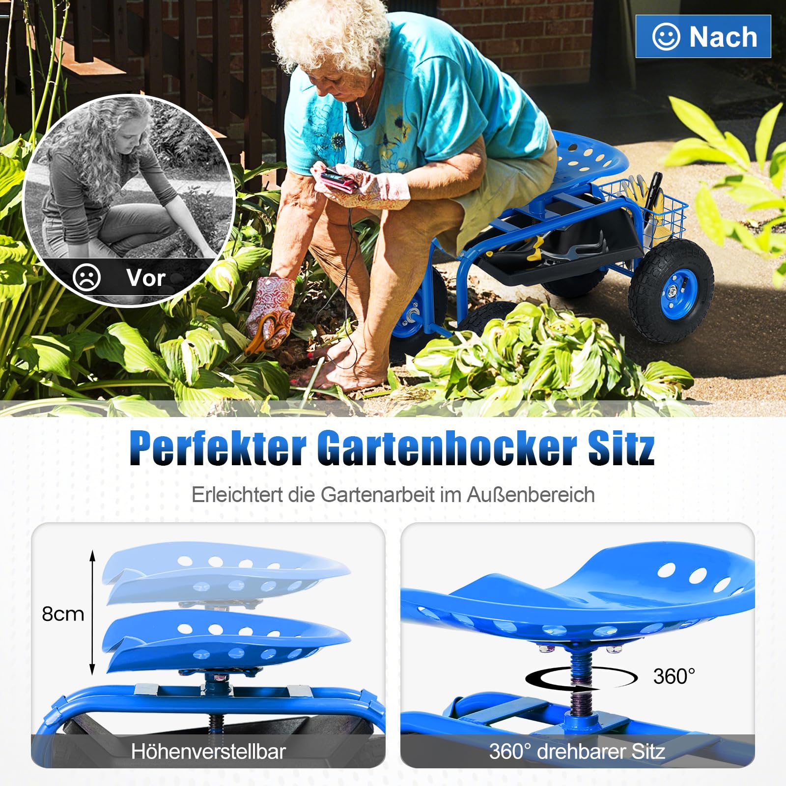 RELAX4LIFE Rollsitz mit Ablage & Korb, Gartensitz mit 4 Rädern, Gartenrollsitz 360 ° Drehbar & Höhenverstellbar 46-53cm, Fahrbarer Arbeitssitz, bis 150kg Belastbar, für Gartenarbeit Autopflege (Blau)