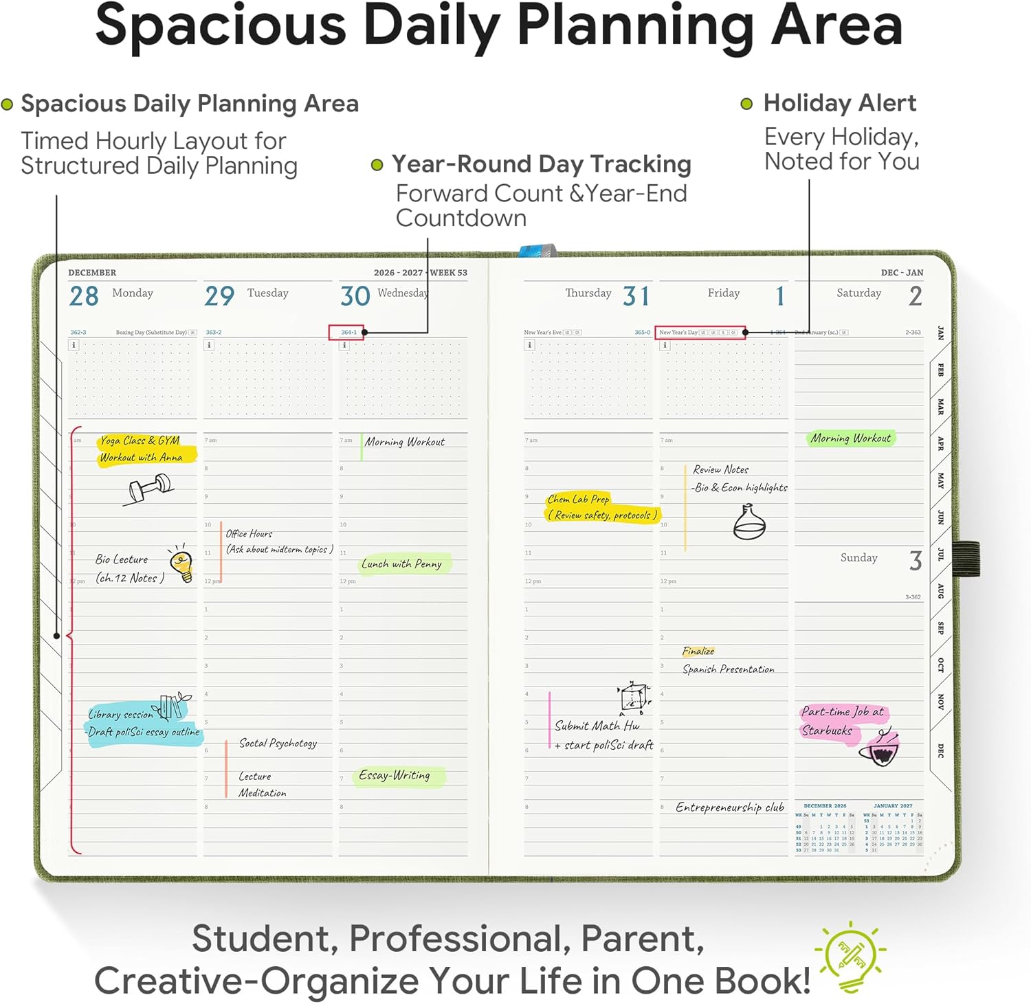 2026-2027 Weekly and Monthly Planner (July 2026–December 2027), 8.5"x11.5", Vertical Layout, 18 Months Agenda with Month Tabs & Pocket, Academic Calendar with Vegan Leather Cover,Olive Green