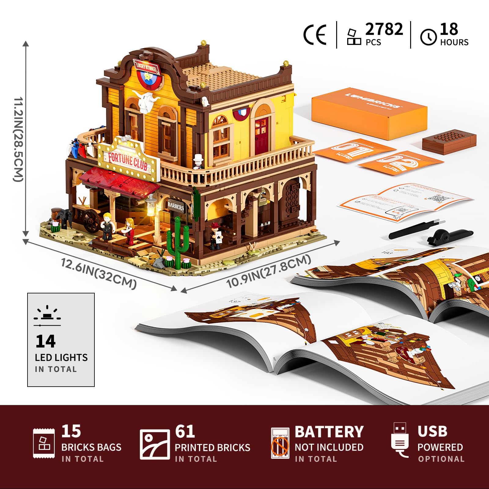 LUMIBRICKS Western Lucky Saloon zestaw klocków zaciskowych LED, 2200 elementów, modułowy budynek Wild-West, model z oświetleniem, podwójna struktura wewnętrzna, tajne przegródki i bogata w szczegóły