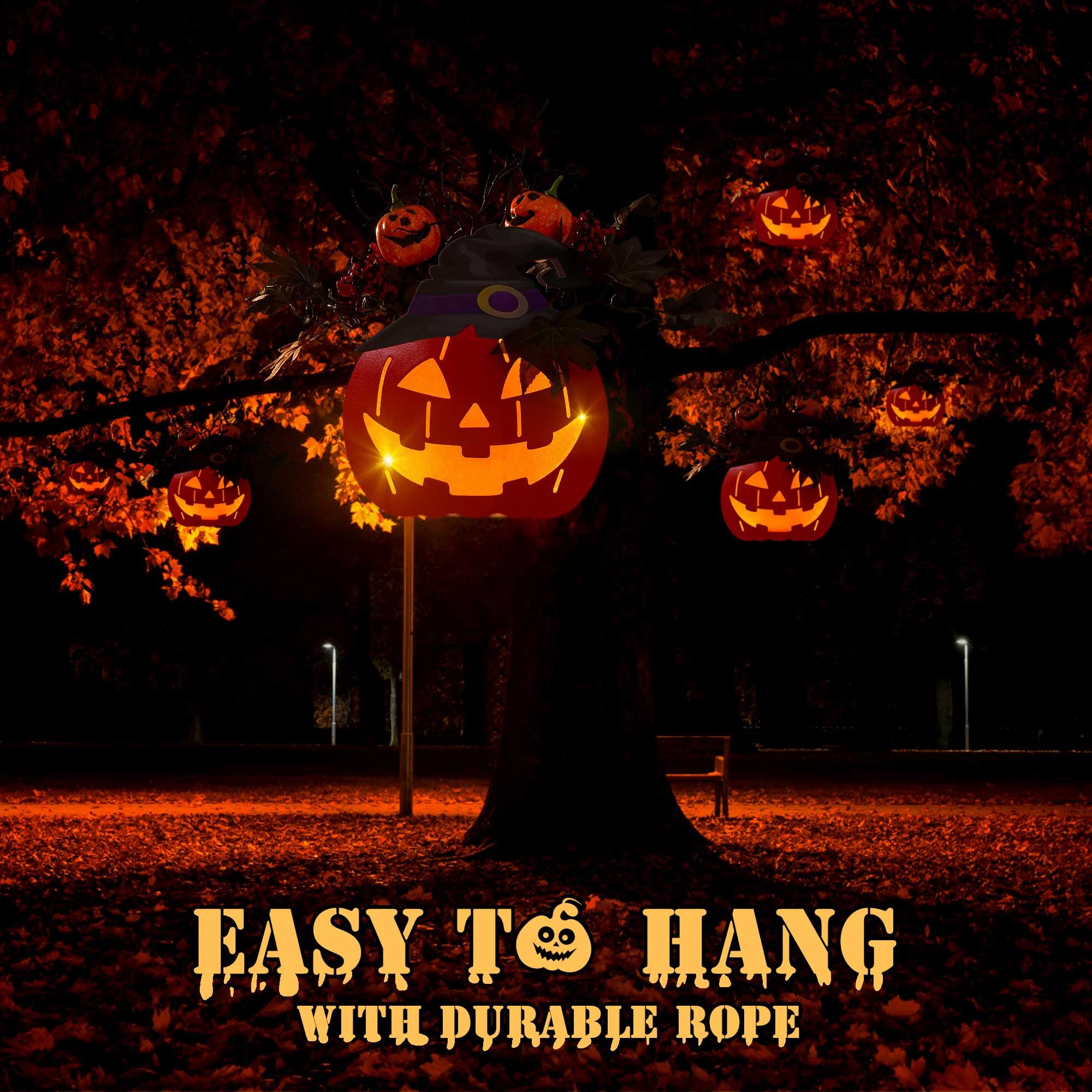 BlcTec Halloween Pumpkin Lights, 10 inch Lighted Big Jack-O-Lantern with Maple Leaves, Berries, Twigs, Witch's Hat, Battery-Operated Premium Wood Pumpkin Built-in Timer for Halloween Decorations