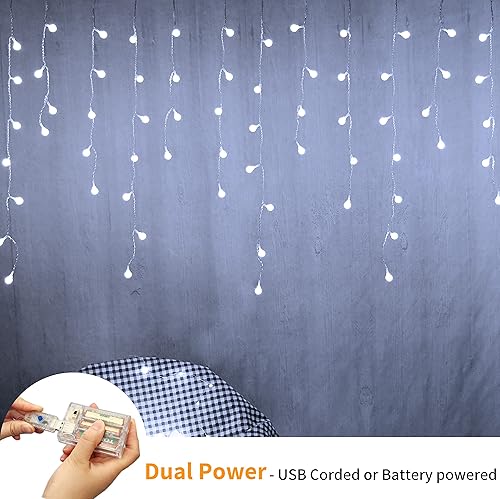 Miniatura 4 de YOLIGHT Luces de cortina de hadas, USB  pilas, luces de carámbano de bola de 13 pies, 96 luces LED colgantes para dormitorio, dormitorio, boda,